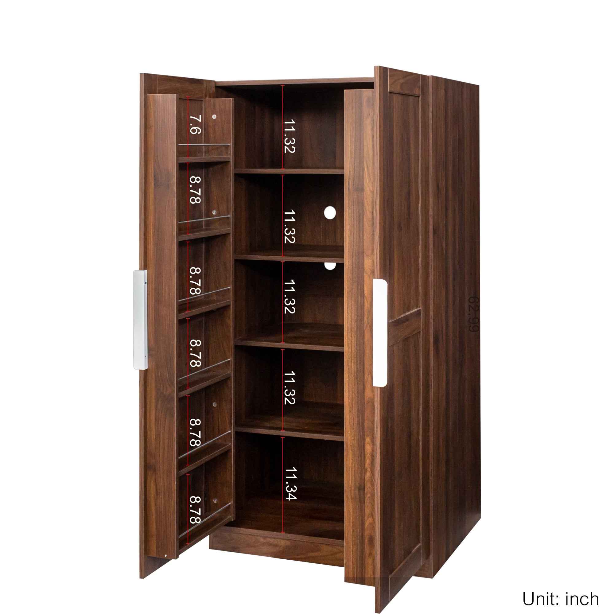 62.99in Kitchen Pantry Cabinet, Walnut  Freestanding Buffet Cupboards Sideboard with Doors &  Shelves, Kitchen Pantry Storage Cabinet for Kitchen, Living Room and Dinning Room