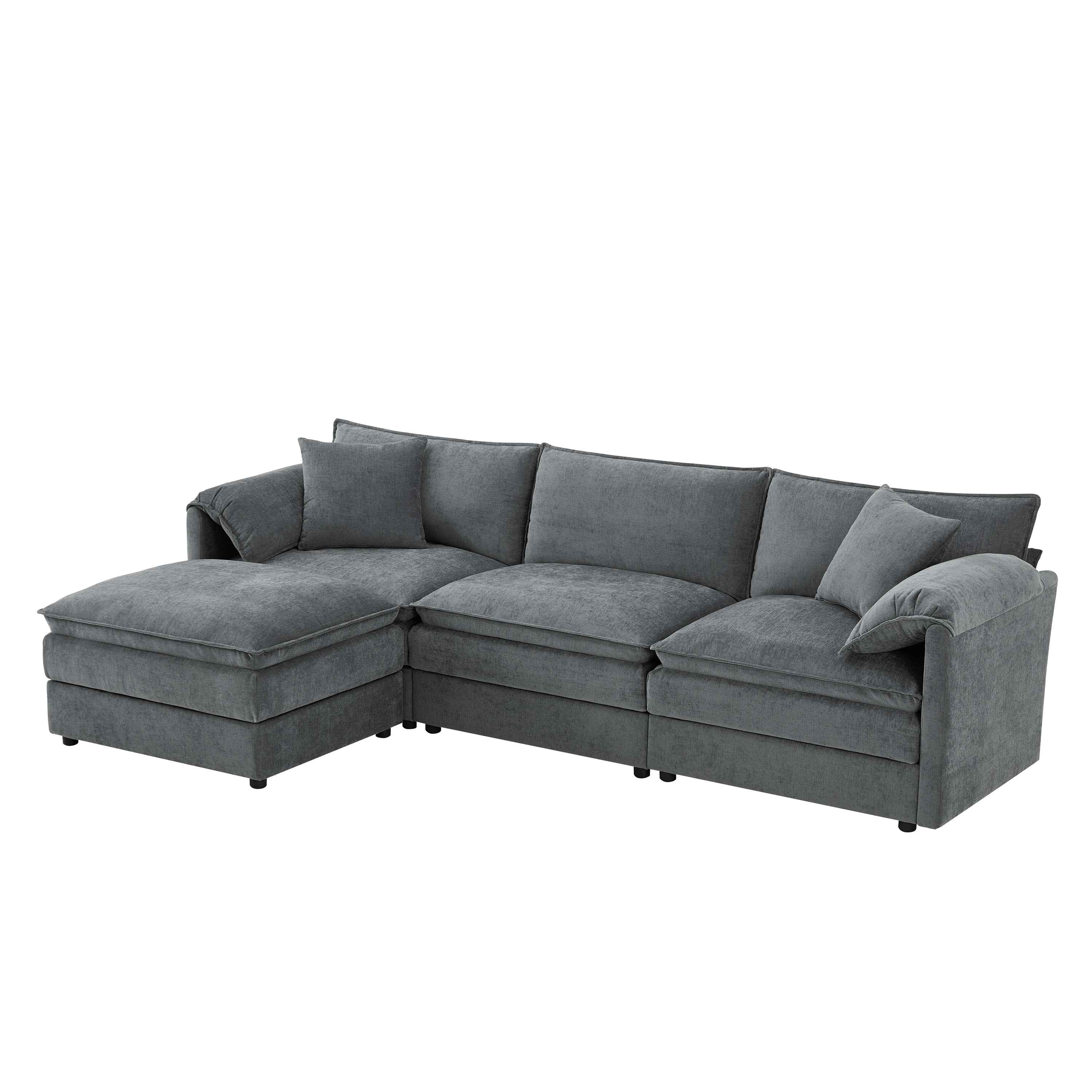 Chenille Modular Sectional Sofa with Deep and Wide Seat in Dark Gray, L Shaped Cloud Couch Set with Double Cushions, 4 Seat Sofa with Movable Ottoman