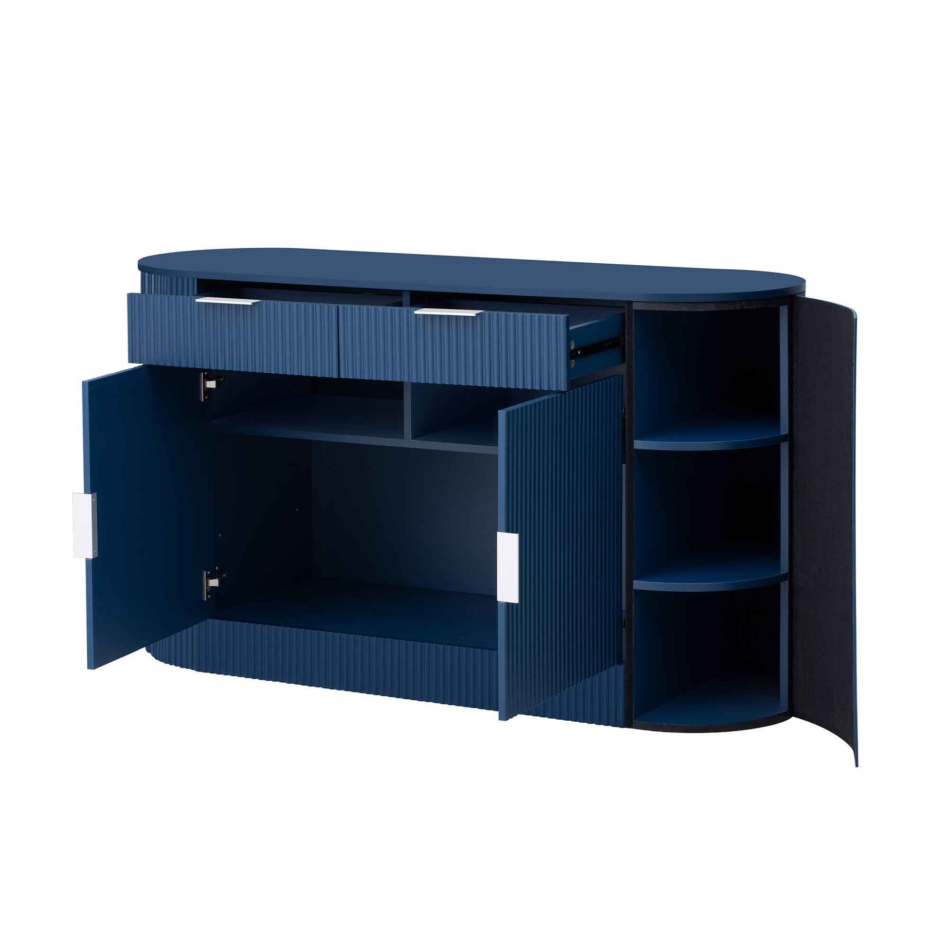 U_STYLE 55.1' Modern Storage Cabinet – 2 Doors & 2 Drawers, Stripe MDF Sideboard with Aluminum Handles, Curved Side Door & 3-Tier Shelves, Buffet Cabinet for Living Room, Bedroom, Dining Room