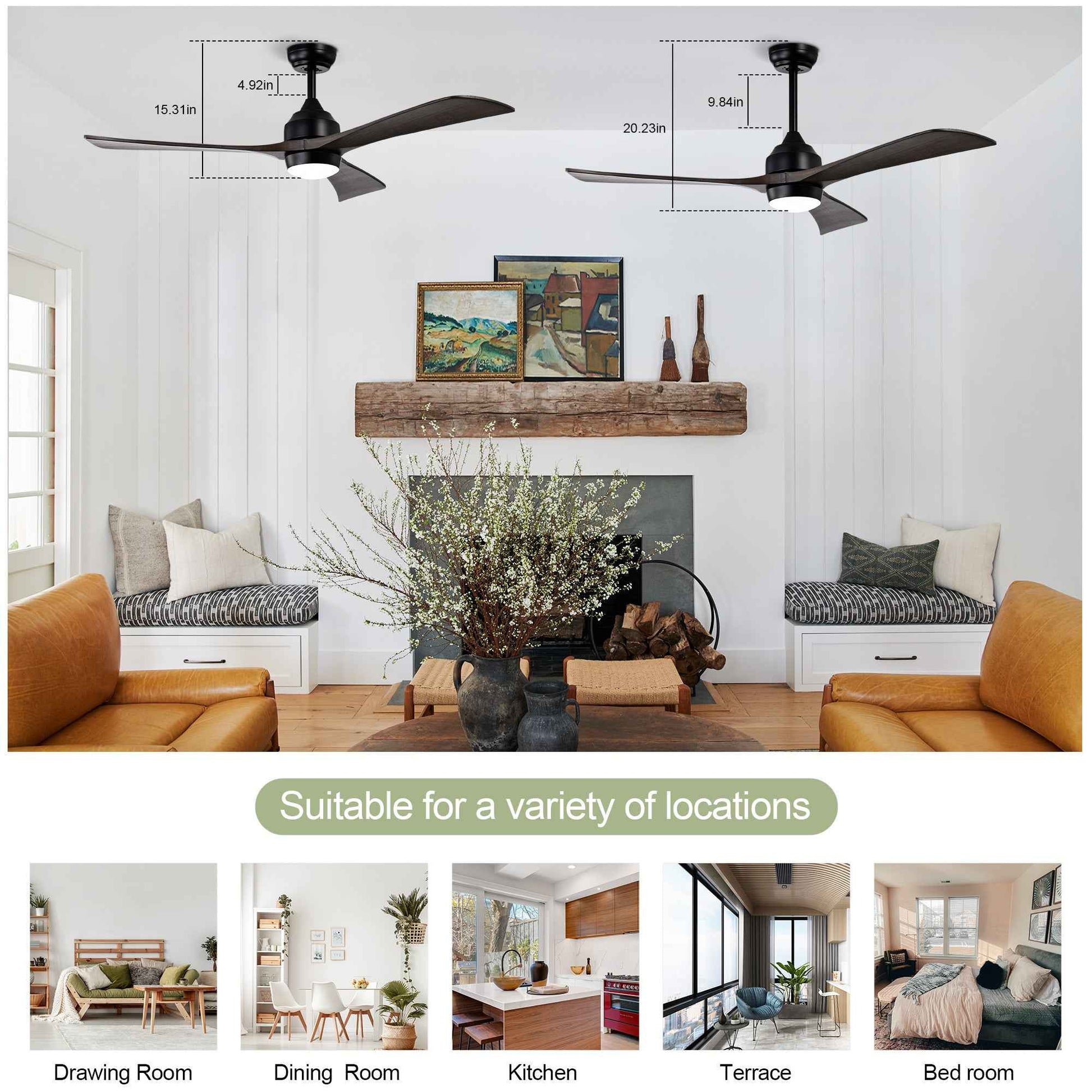 52' Ceiling Fan with Lights Remote Control,Quiet DC Motor 3 Blade Ceiling Fans 6 Speed Levels,Reversible Ceiling Fan, for Patio Living Room, Bedroom, Office,Indoor.(Matte Black +Black Walnut )