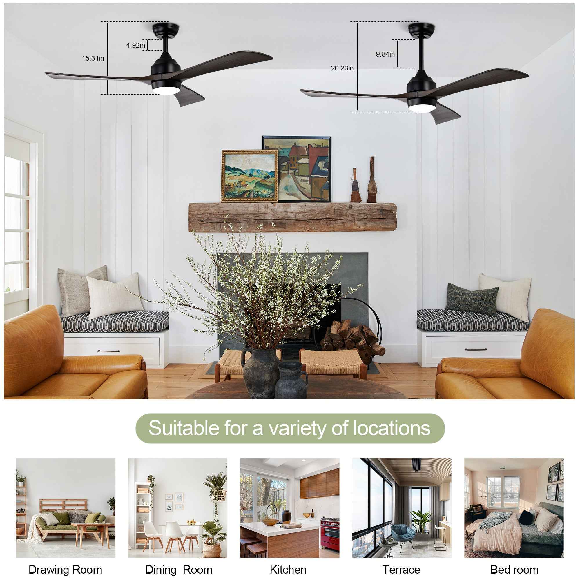 52' Ceiling Fan with Lights Remote Control,Quiet DC Motor 3 Blade Ceiling Fans 6 Speed Levels,Reversible Ceiling Fan, for Patio Living Room, Bedroom, Office,Indoor.(Matte Black +Black Walnut )