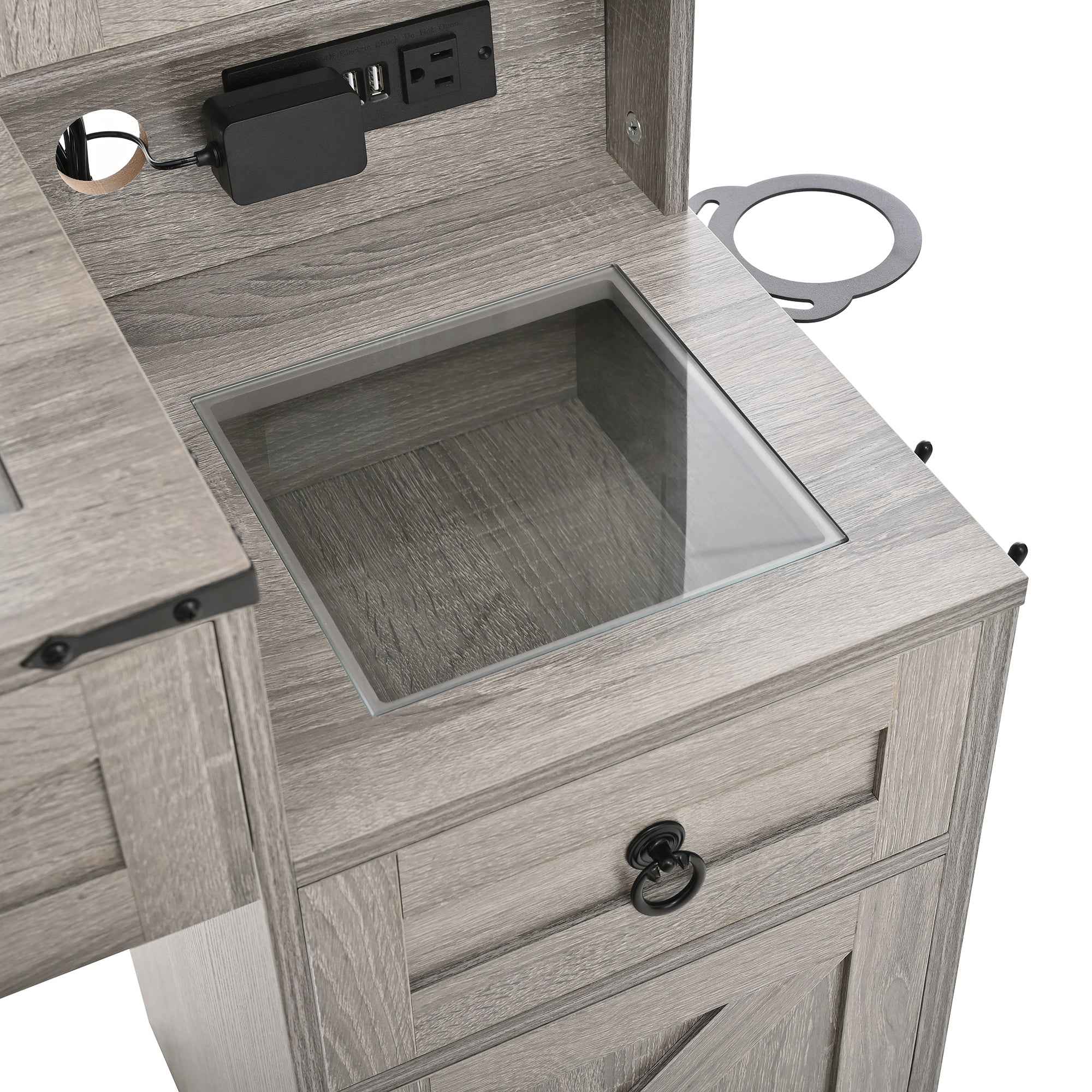Farmhouse Vanity Desk with Sliding Mirror and Lights, Vanity Set with Glass Top and Charging Station ,Dressing Table with 4 Drawers and 2 Cabinets, Dressing Table with Stool for Bedroom, Gray