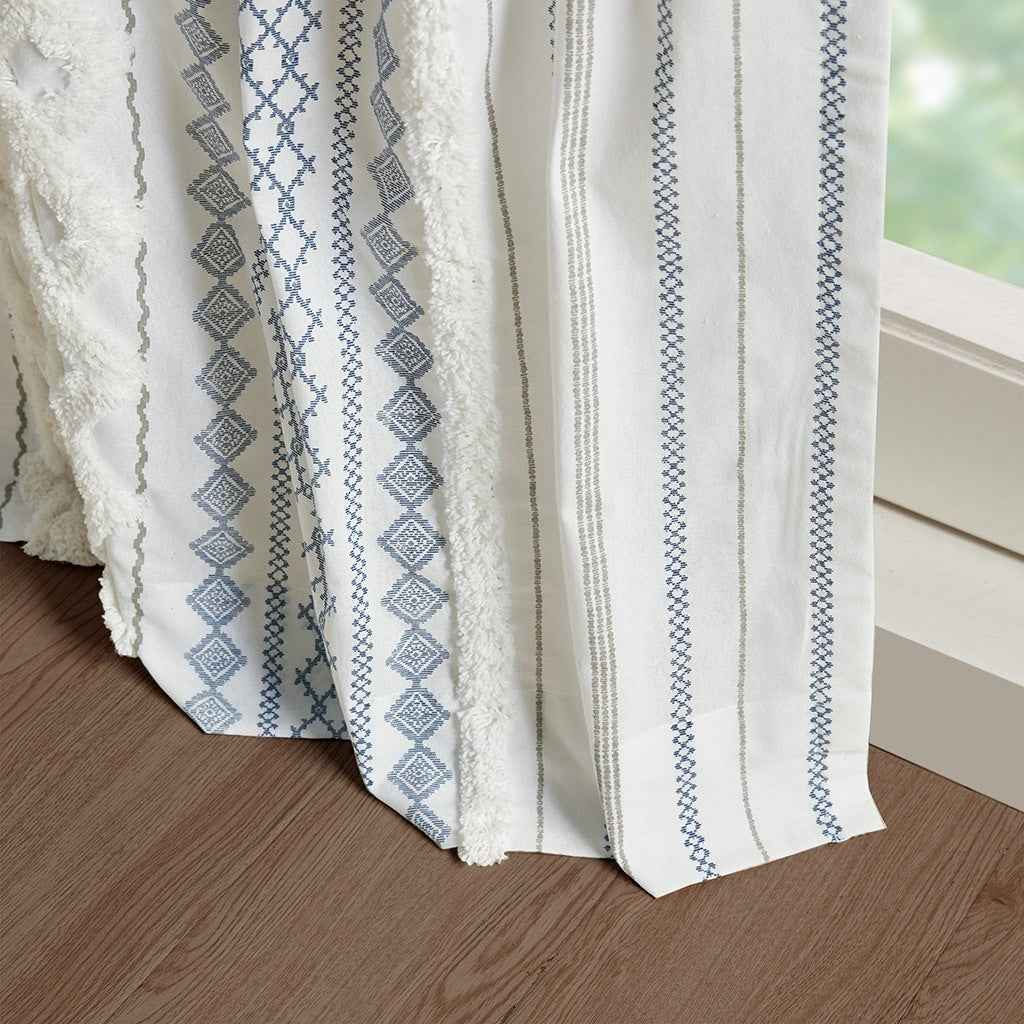 Cotton Printed Curtain Panel with Chenille Stripe and Lining White/Navy 50x95'
