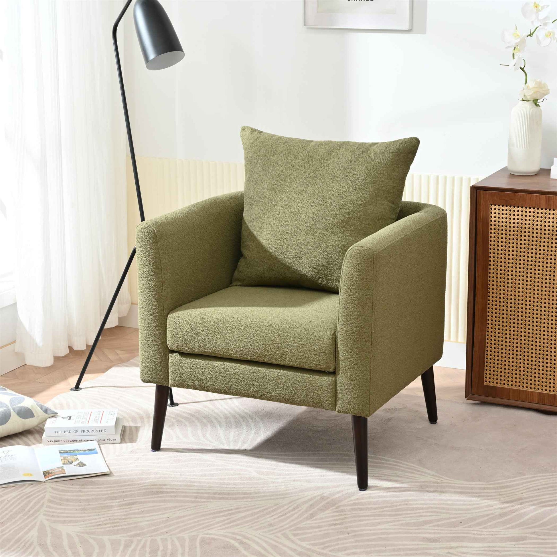 Modern Fabric Accent Chair, Upholstered Armchair for Living Room, Mid Century Fabric Lounge Chair w/Pillow, Comfortable Reading Chair with Wood Legs for Living Room, Bedroom, Reception Room (Olive)
