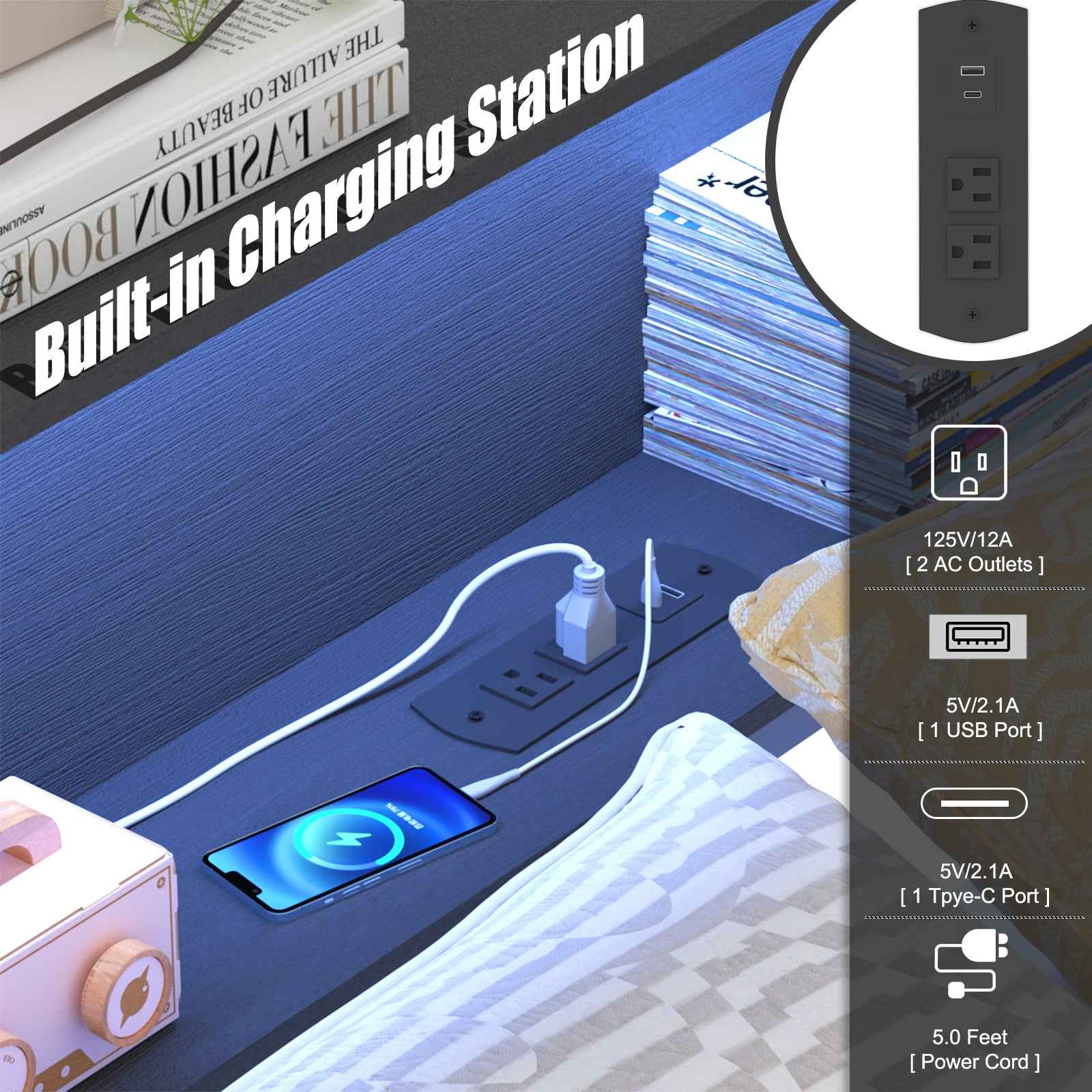 Full Corner Daybed with Storage, Bookcase Headboard, LED Light & Built-in Charging Station