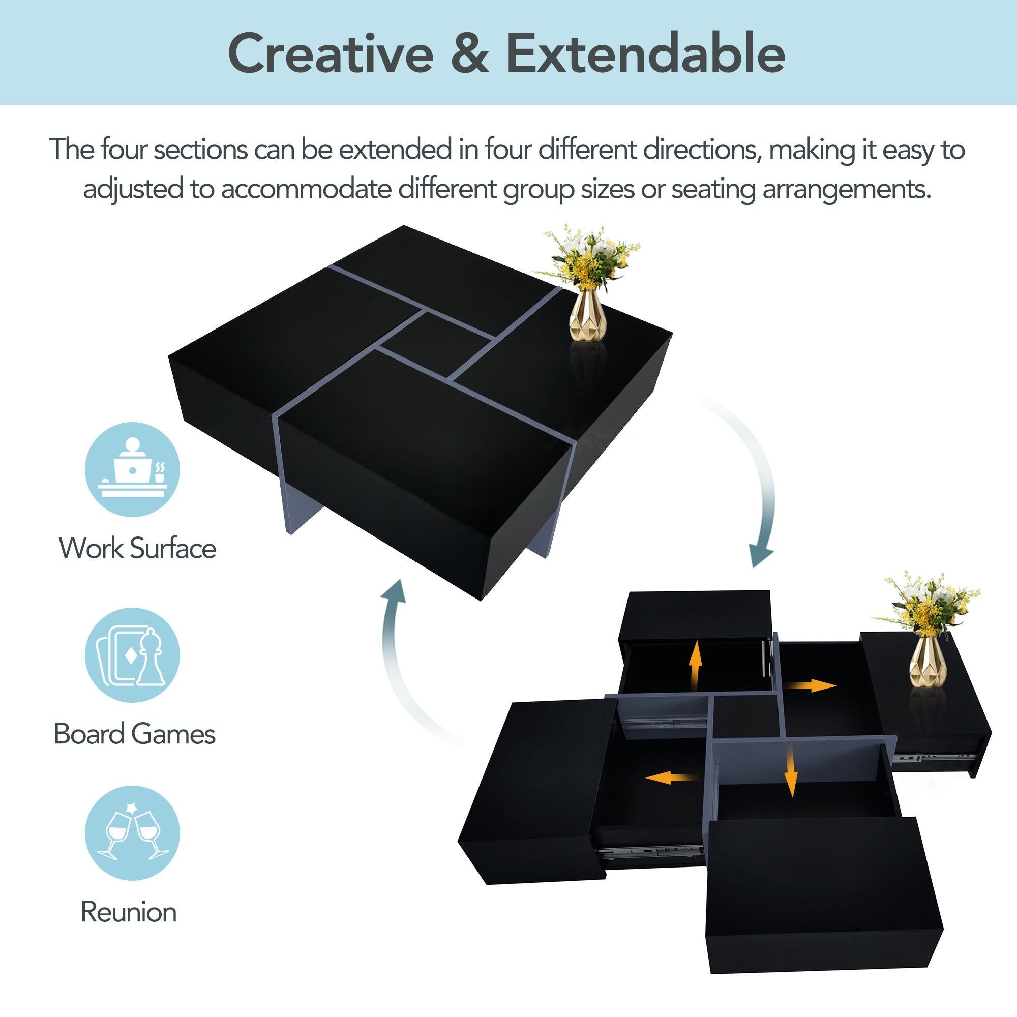 ON-TREND Unique Design Coffee Table with 4 Hidden Storage Compartments, Square Cocktail Table with Extendable Sliding Tabletop, UV High-gloss Design Center Table for Living Room, 31.5"x 31.5"