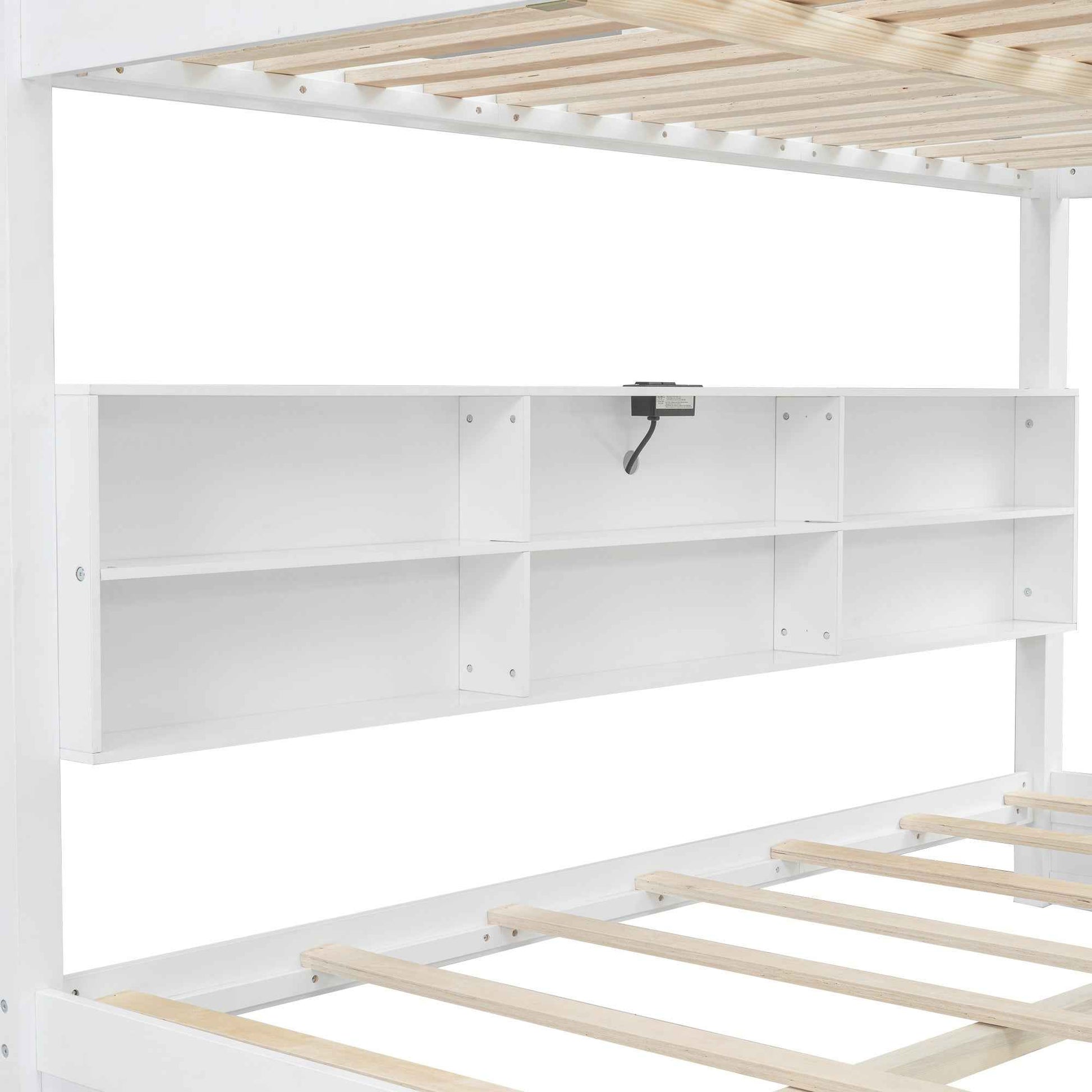 White Queen over Queen Bunk Bed with Storage Cabinets and USB Ports, Pine Wood+MDF