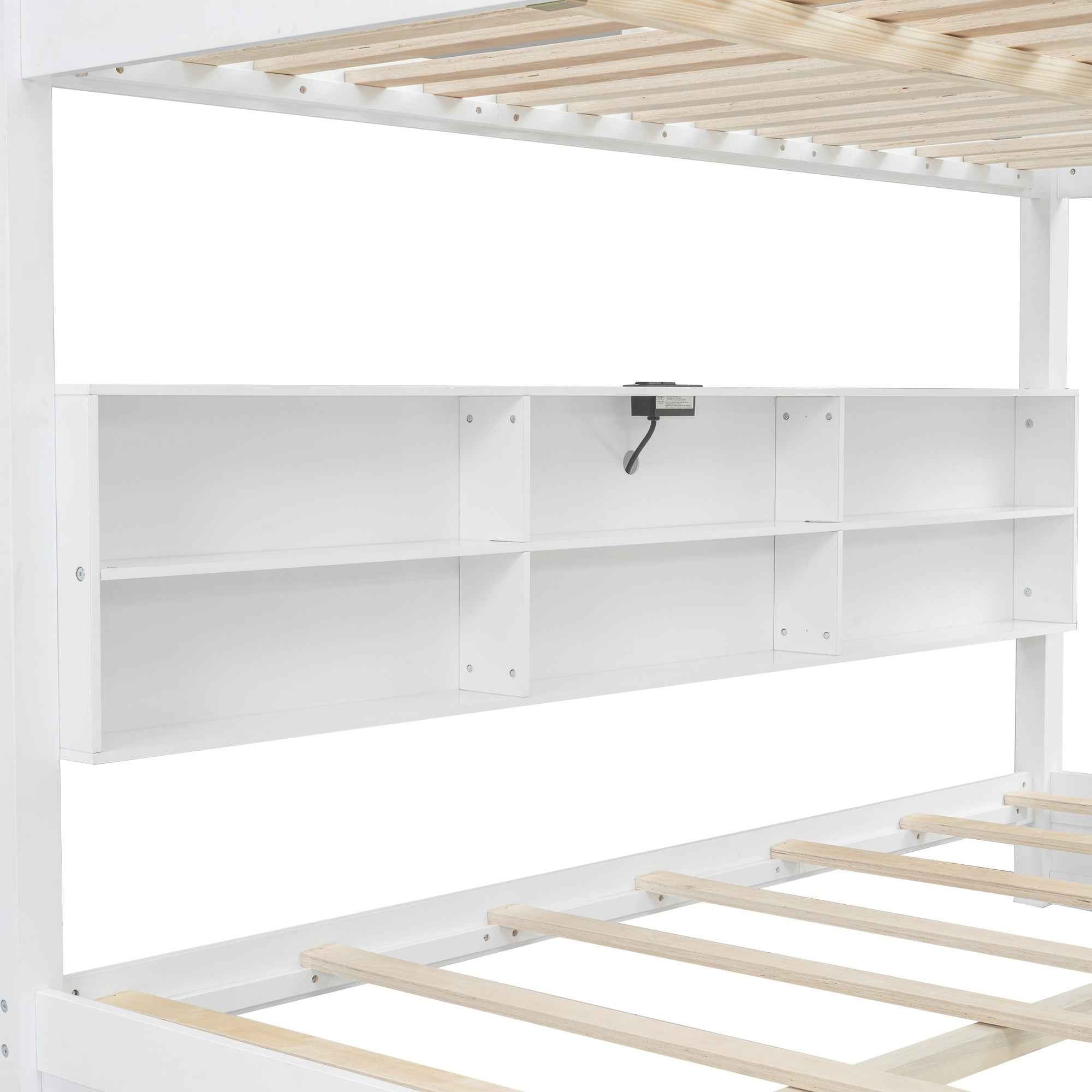 White Queen over Queen Bunk Bed with Storage Cabinets and USB Ports, Pine Wood+MDF