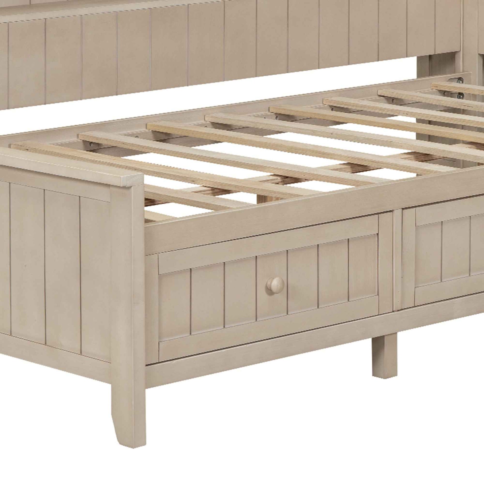 Twin Size Wood Daybed with Storage Shelves and 3 Drawers in Antique White Milk Finish, Solid Pine Wood and MDF