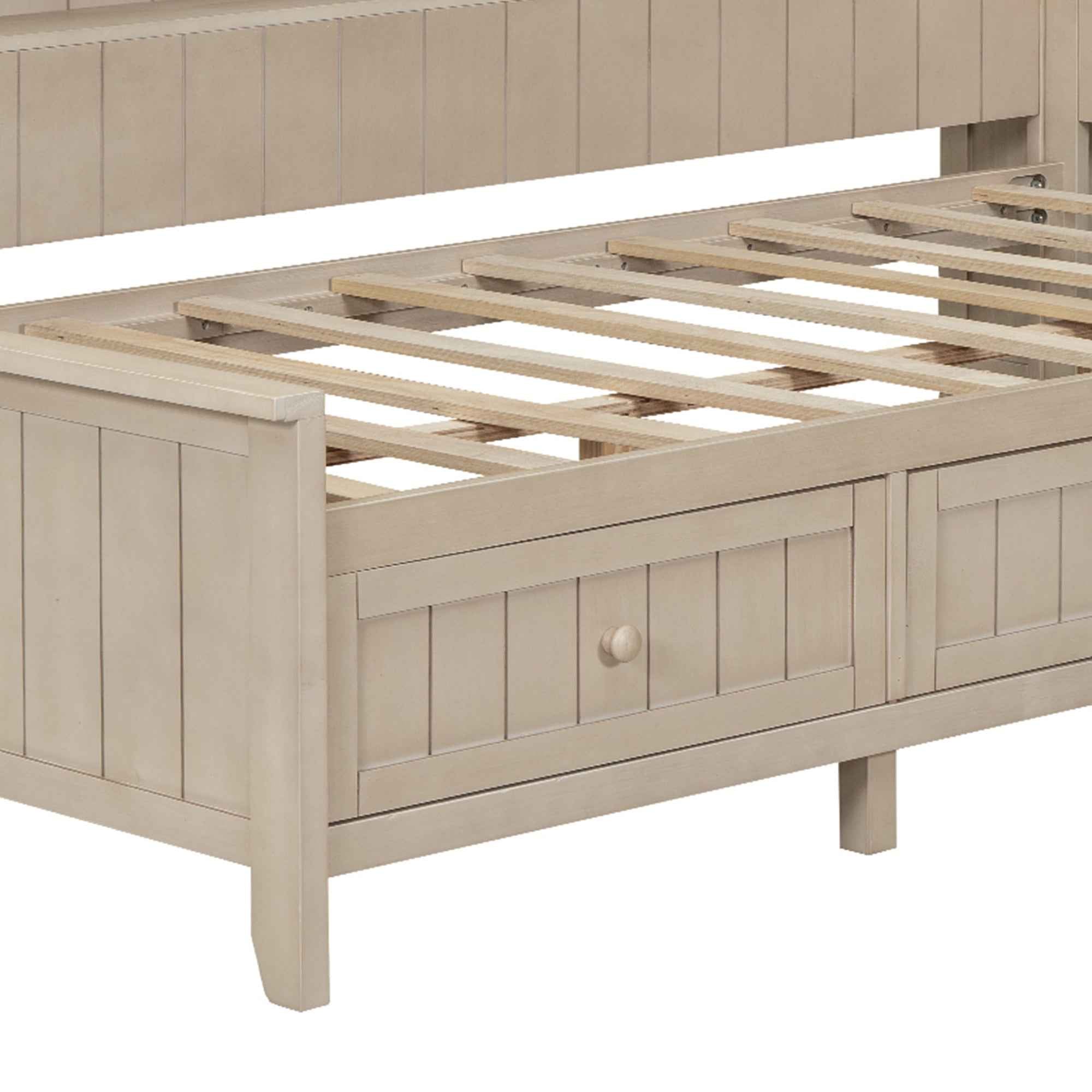 Twin Size Wood Daybed with Storage Shelves and 3 Drawers in Antique White Milk Finish, Solid Pine Wood and MDF