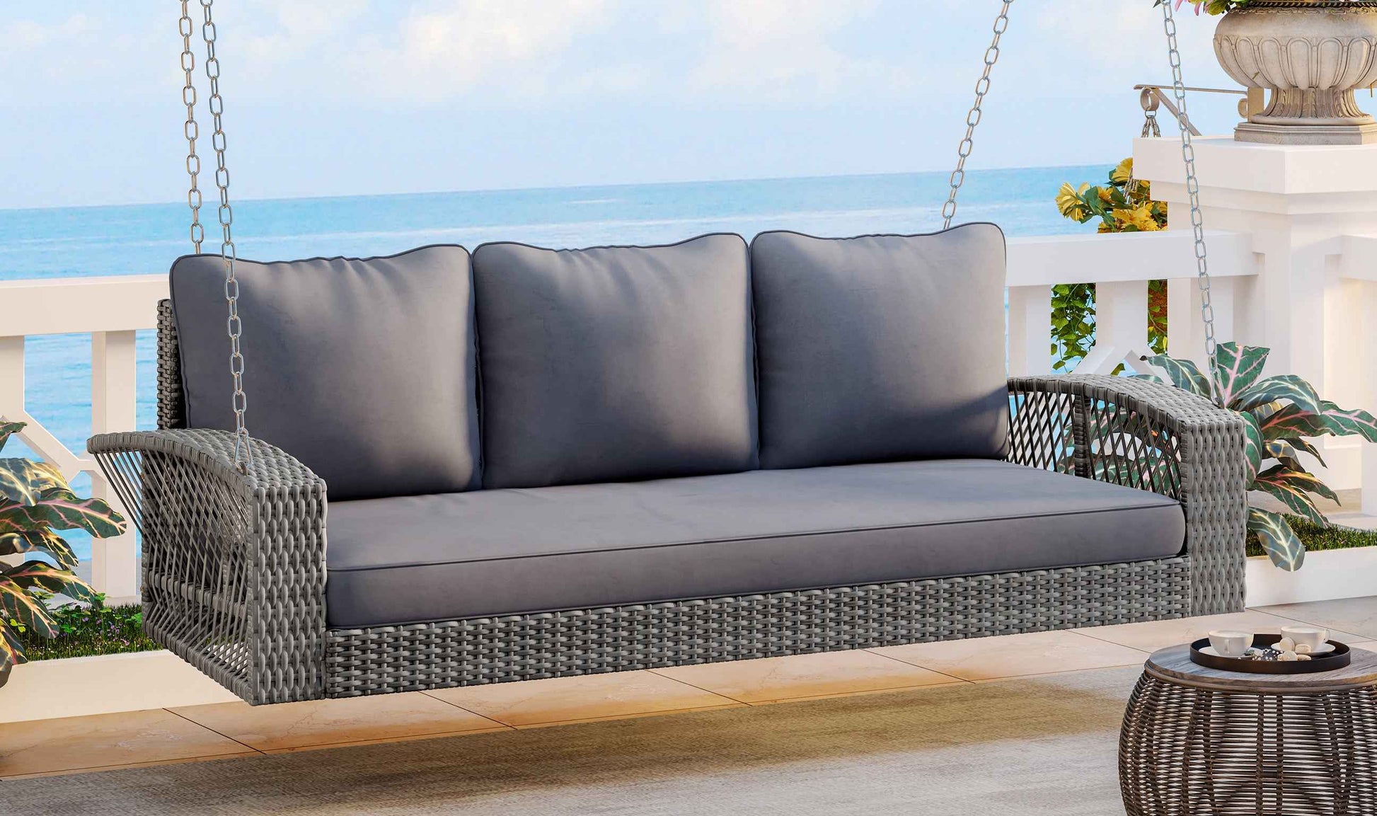 GO 69' PE Wicker 3-Person Porch Swing with Chains, Large Patio Swing Bench with Cushions for Backyard, Garden, and Poolside, Gray69'