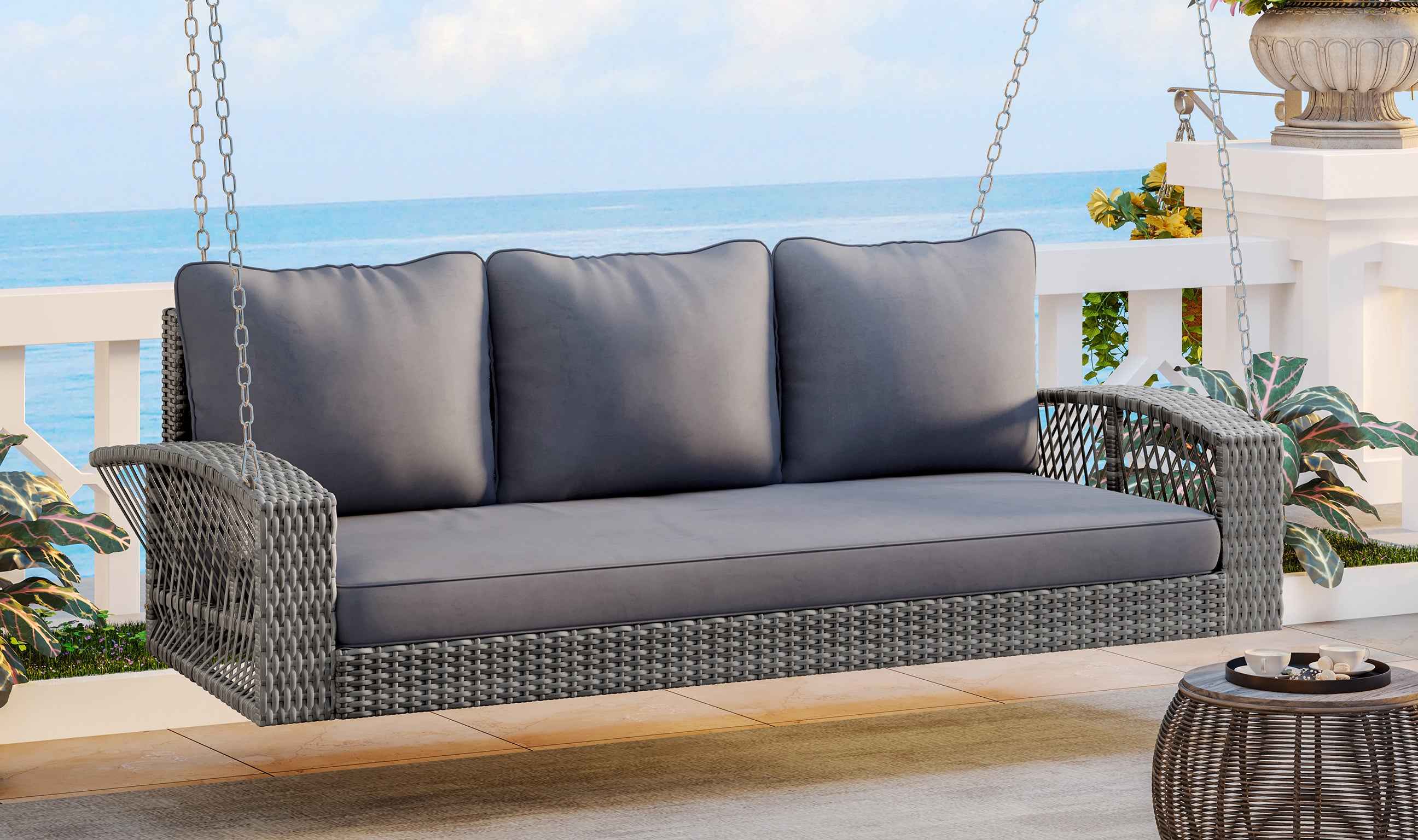 GO 69' PE Wicker 3-Person Porch Swing with Chains, Large Patio Swing Bench with Cushions for Backyard, Garden, and Poolside, Gray69'