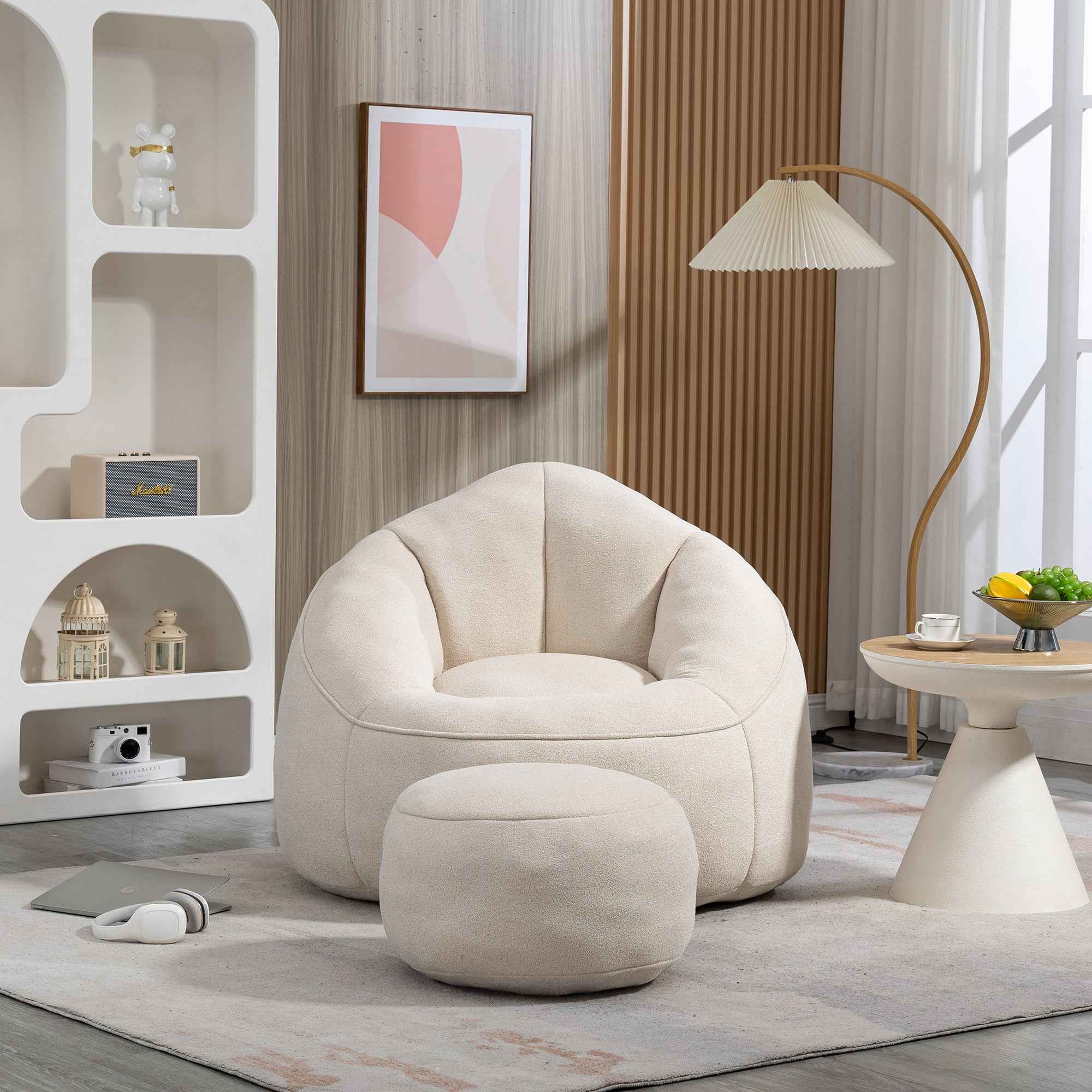 Bedding Bean Bag Sofa Chair with High-Pressure Foam and Footrest, Beige Microfiber