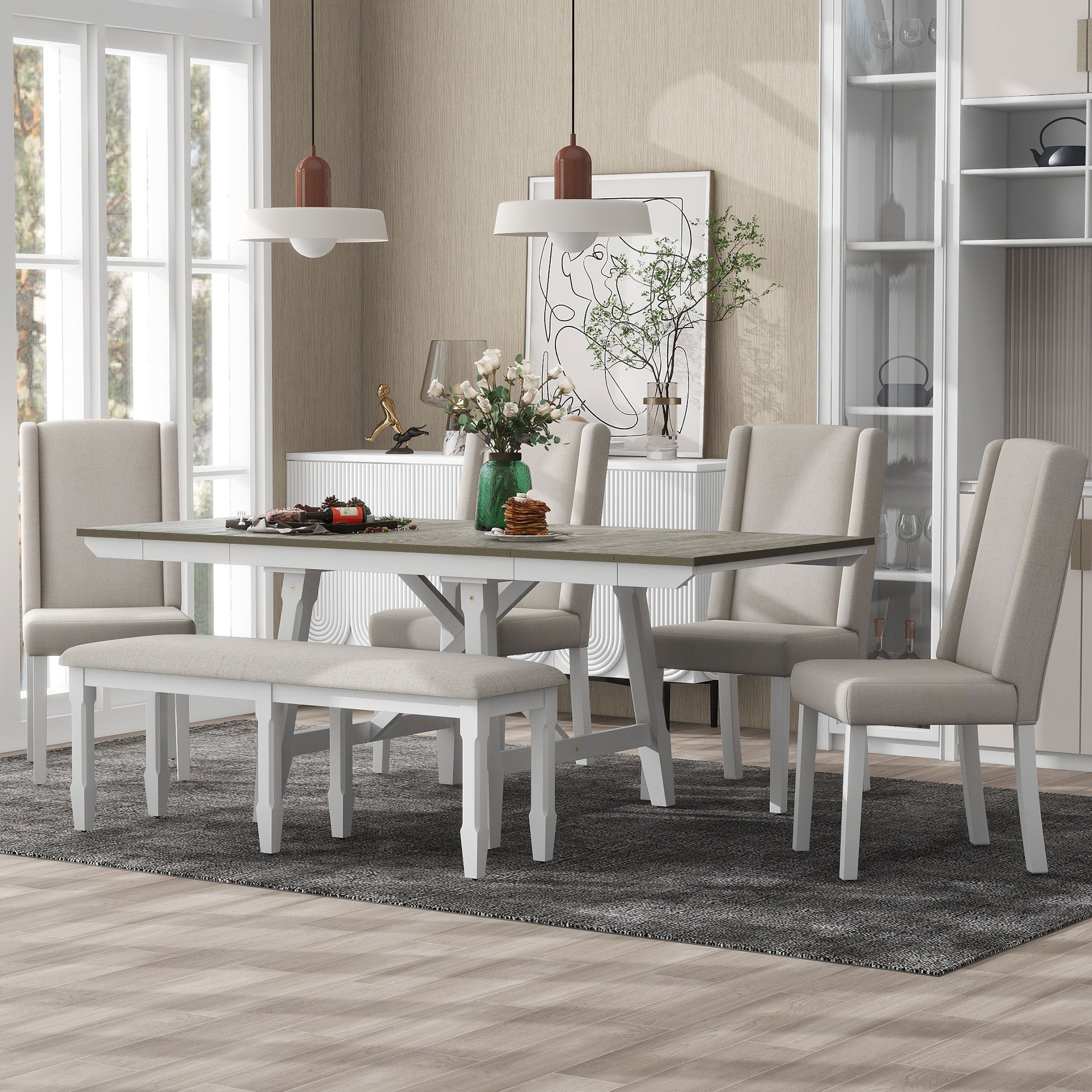 TREXM 6-Piece Classic Dining Table Set, Rectangular Extendable Dining Table with two 12"W Removable Leaves and 4 Upholstered Chairs & 1 Bench for Dining Room (Brown+White)