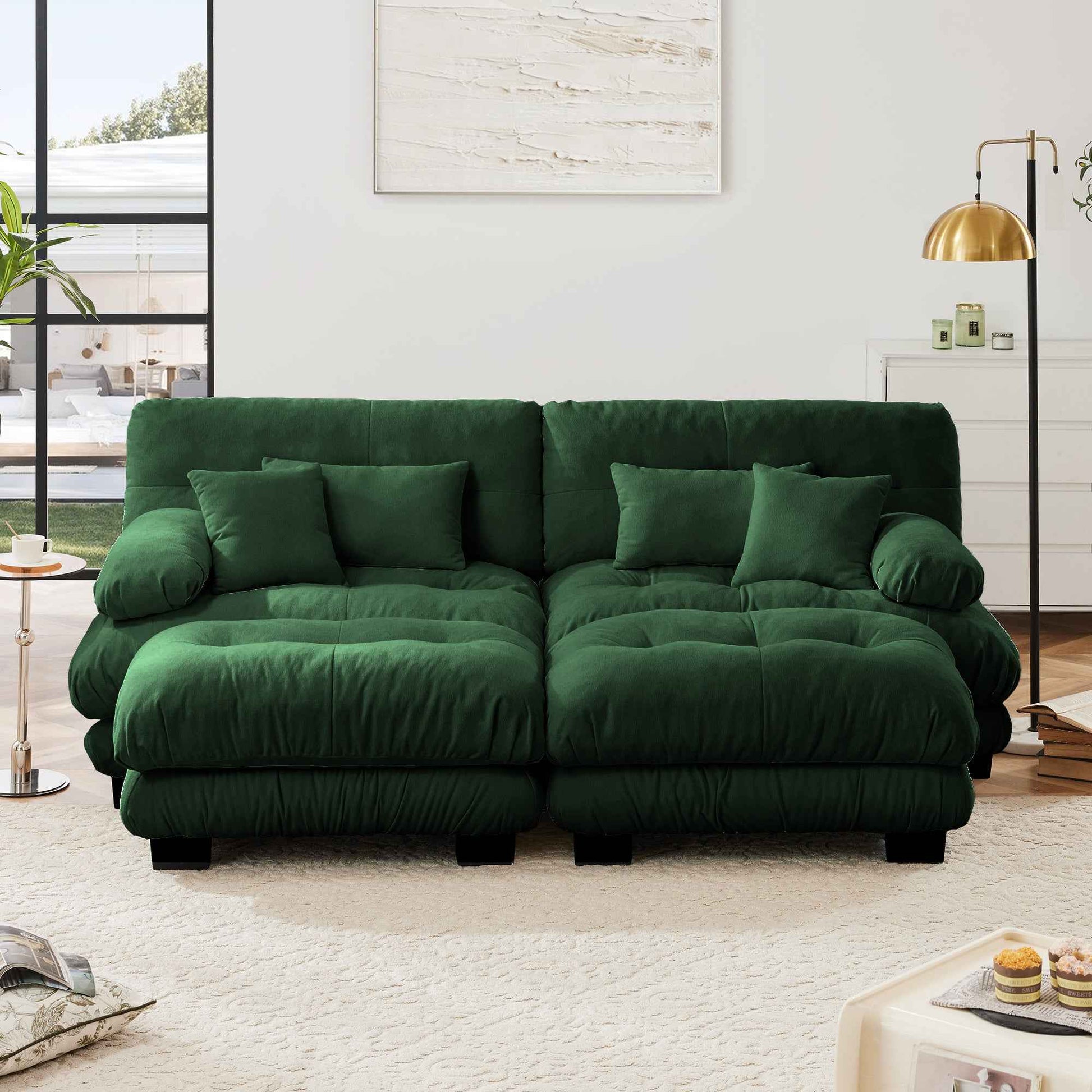 Cloud Couch Sleeper Sofa for Living Room, Chenille 2 Seater sofa with 2 Lumbar pillows and 2 throw pillows , Upholstered Wide Arm Sofa with 2 Ottomans,Chenille Green