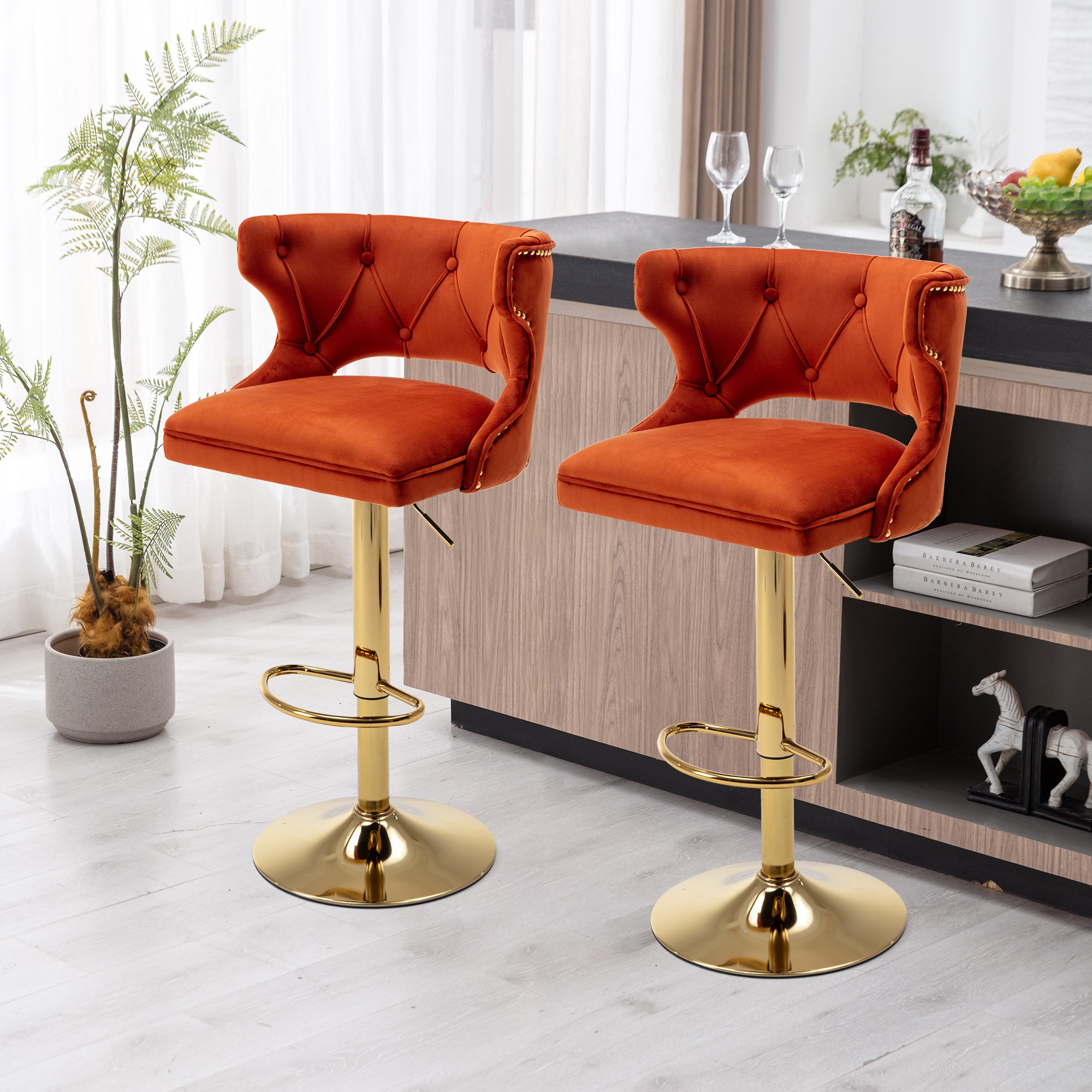 Bar Stools With Back and Footrest Counter Height Dining Chairs-Velvet Orange-2PCS/SET