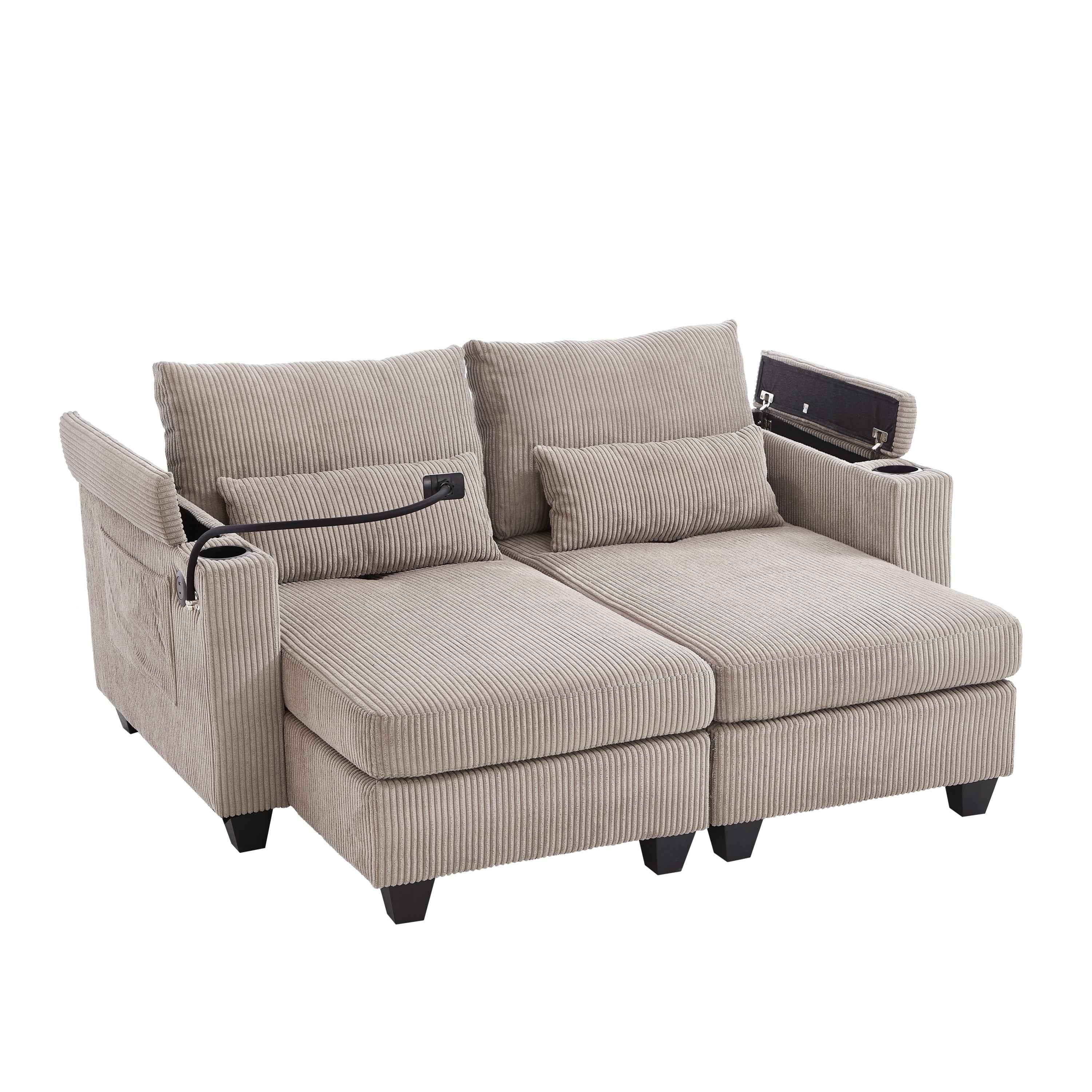 Convertible Chaise Lounge 63' Loveseat Sofa Bed with USB Ports, Cup Holders, Phone Holder, Storage, Brown Corduroy