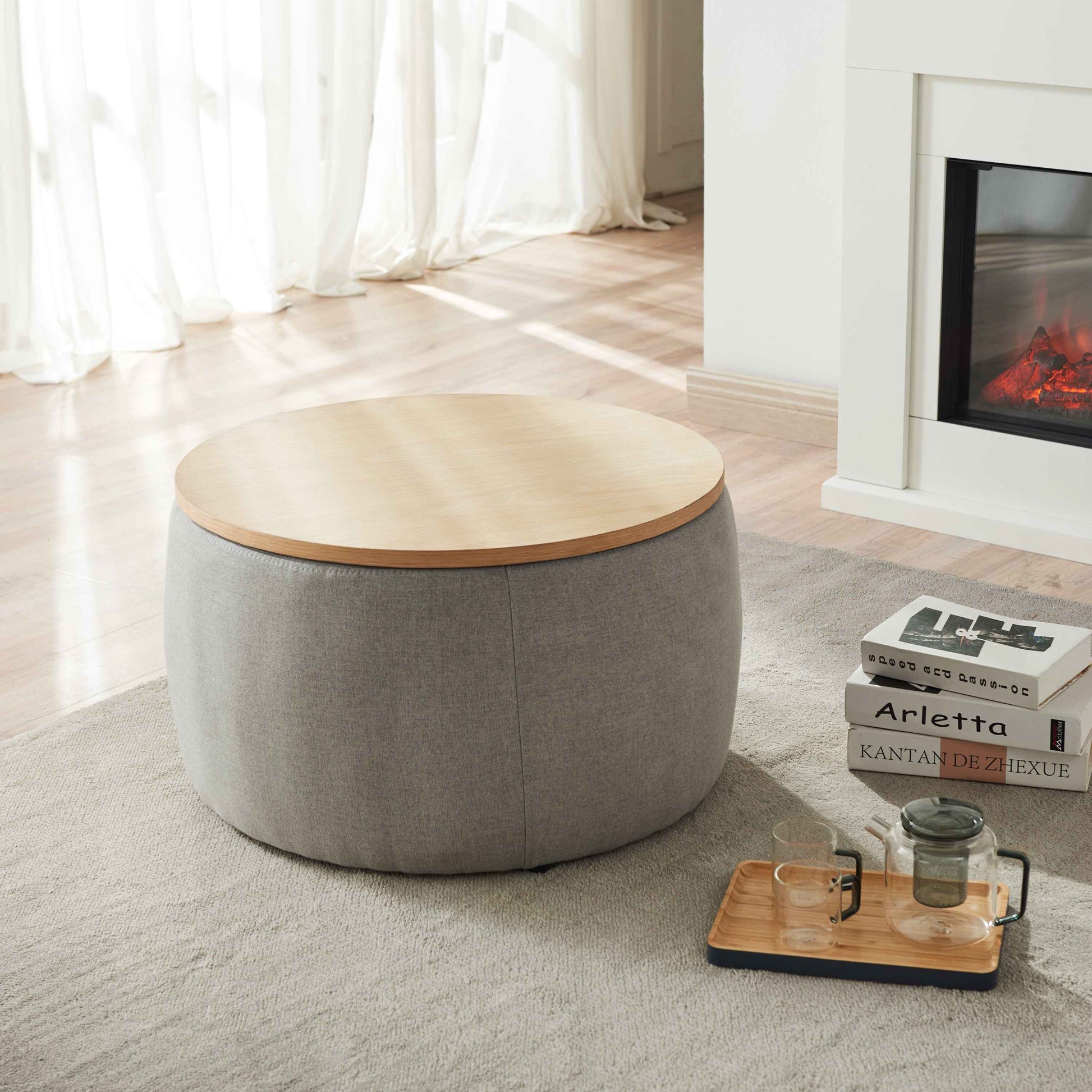 Round Storage Ottoman, 2 in 1 Function, Work as End table and Ottoman, Dark Grey (25.5'x25.5'x14.5')