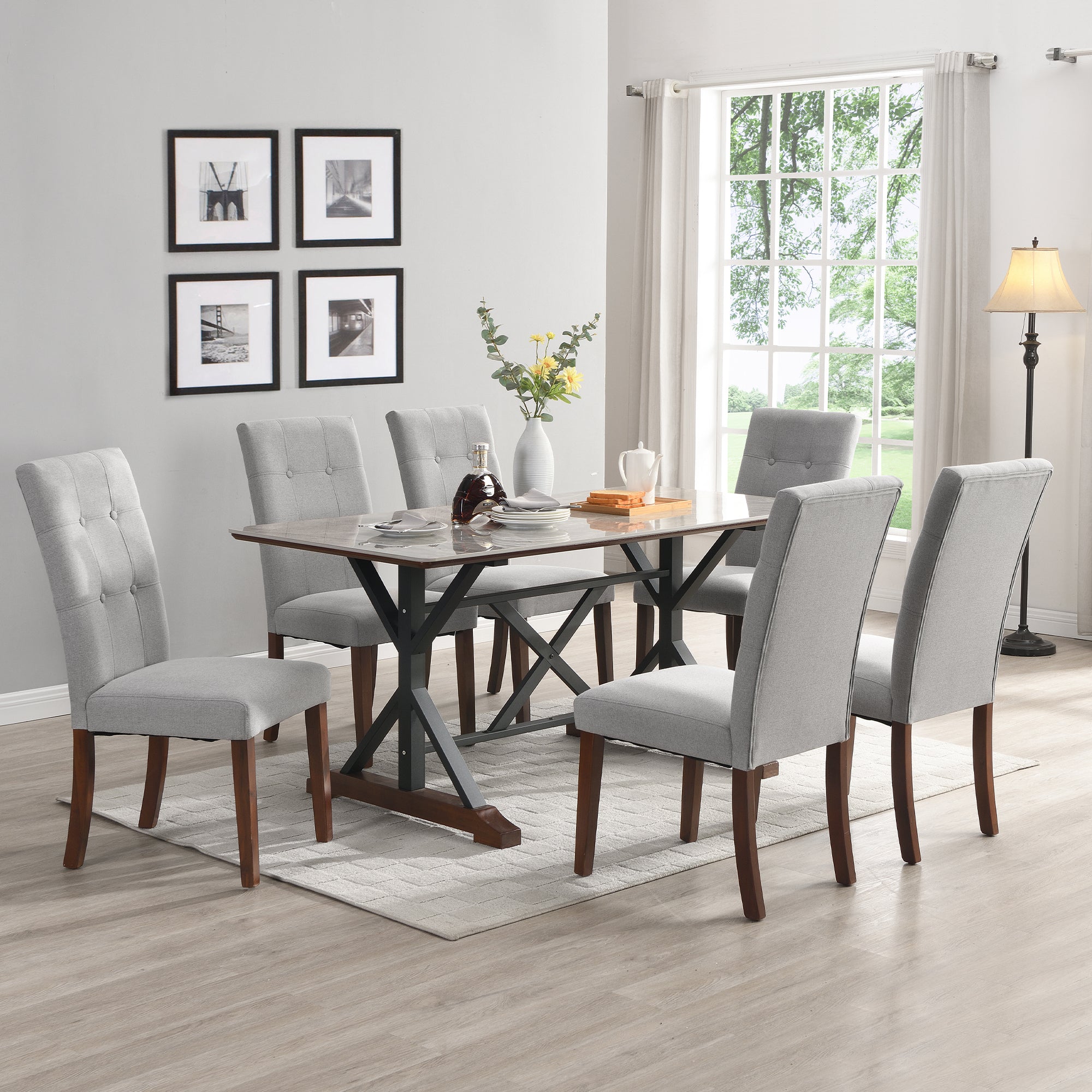 Modern Dining Table for 6-8, 7 piece Kitchen Dining Table Set, Gray Sintered Stone Dining Table with 6 Tufted Upholstered Chairs, 63-inch Rectangle Dining Table for Dining Room (1 table+ 6 chair)