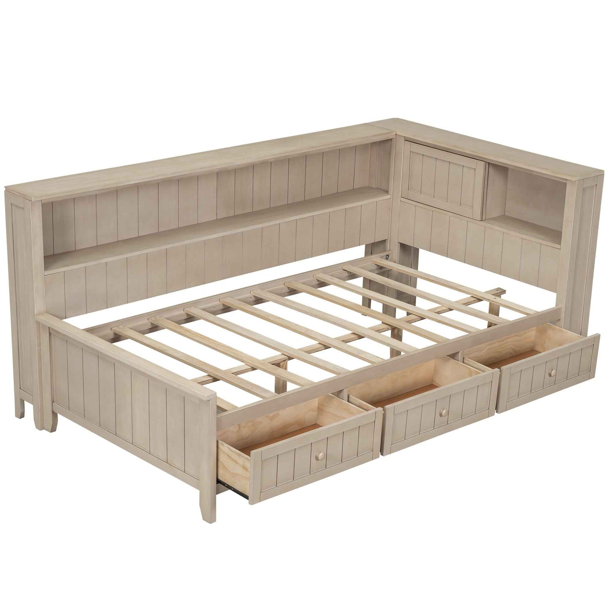 Twin Size Wood Daybed with Storage Shelves and 3 Drawers in Antique White Milk Finish, Solid Pine Wood and MDF