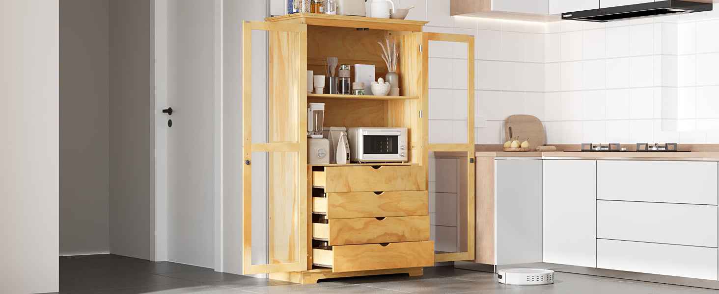 TOPMAX 44.7x20x75inch Kitchen Pantry, Freestanding Kitchen Storage Cabinet Display Cabinet with Glass Doors and 4 Built-in Drawers for Living Room, Home Office, Natural