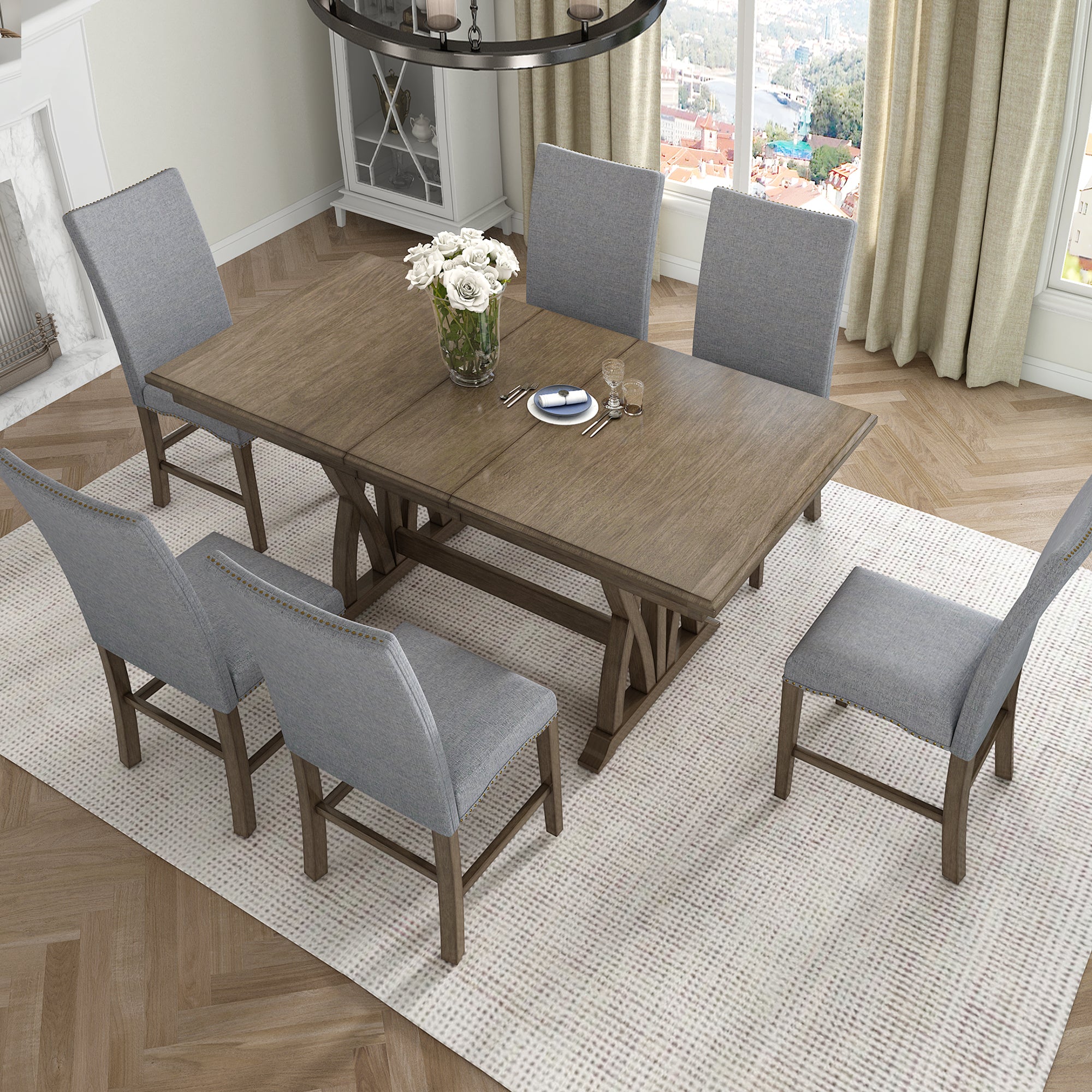 TOPMAX Mid-Century Solid Wood 7-Piece Dining Table Set Extendable Kitchen Table Set with Upholstered Chairs and 12" Leaf for 6, Golden Brown+Gray Cushion