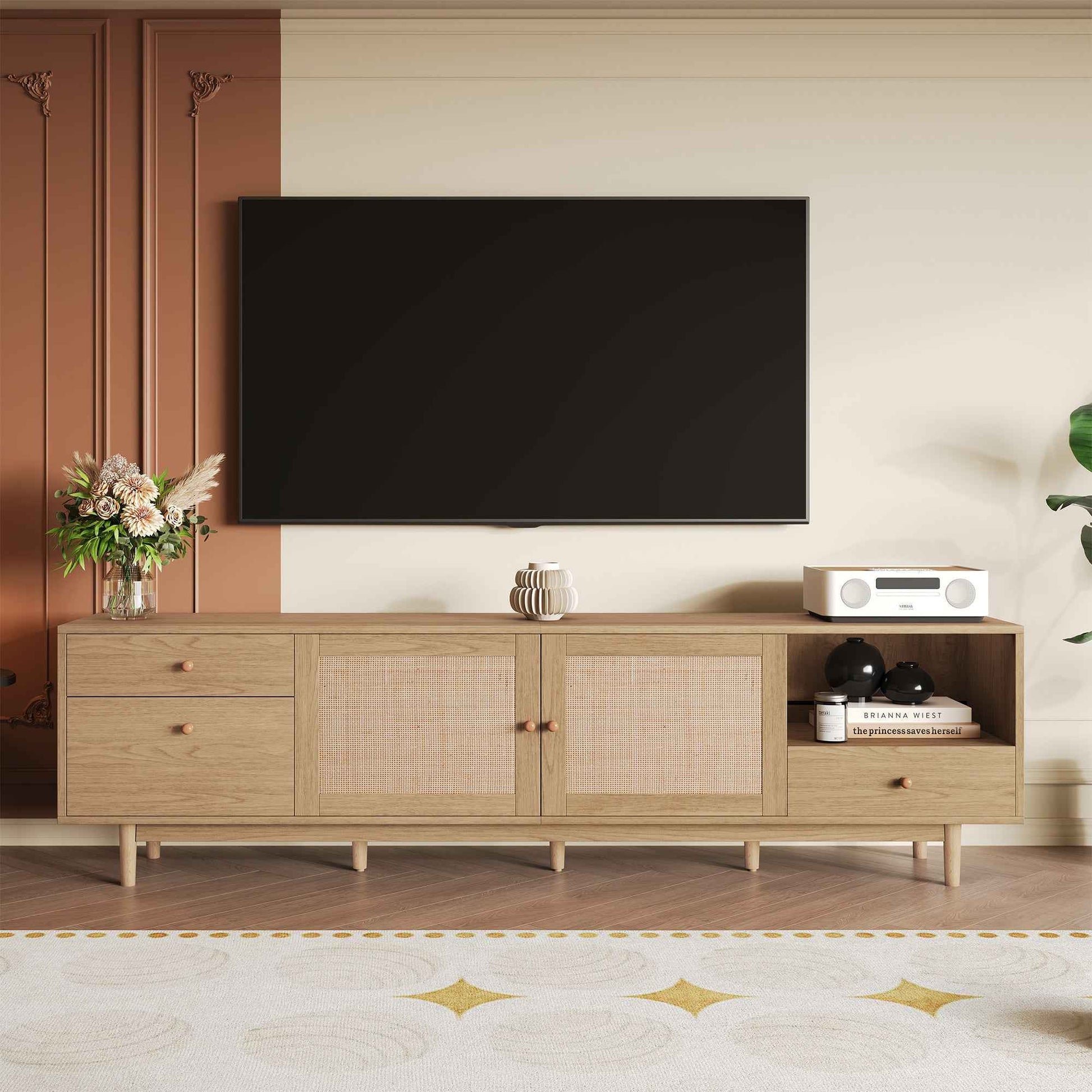 Boho TV Stand for 65 75 85 Inch TV with Real Rattan Doors, Modern Wood Media Console in Natural Finish, 76.6'' L x 15.7'' W x 23.6'' H