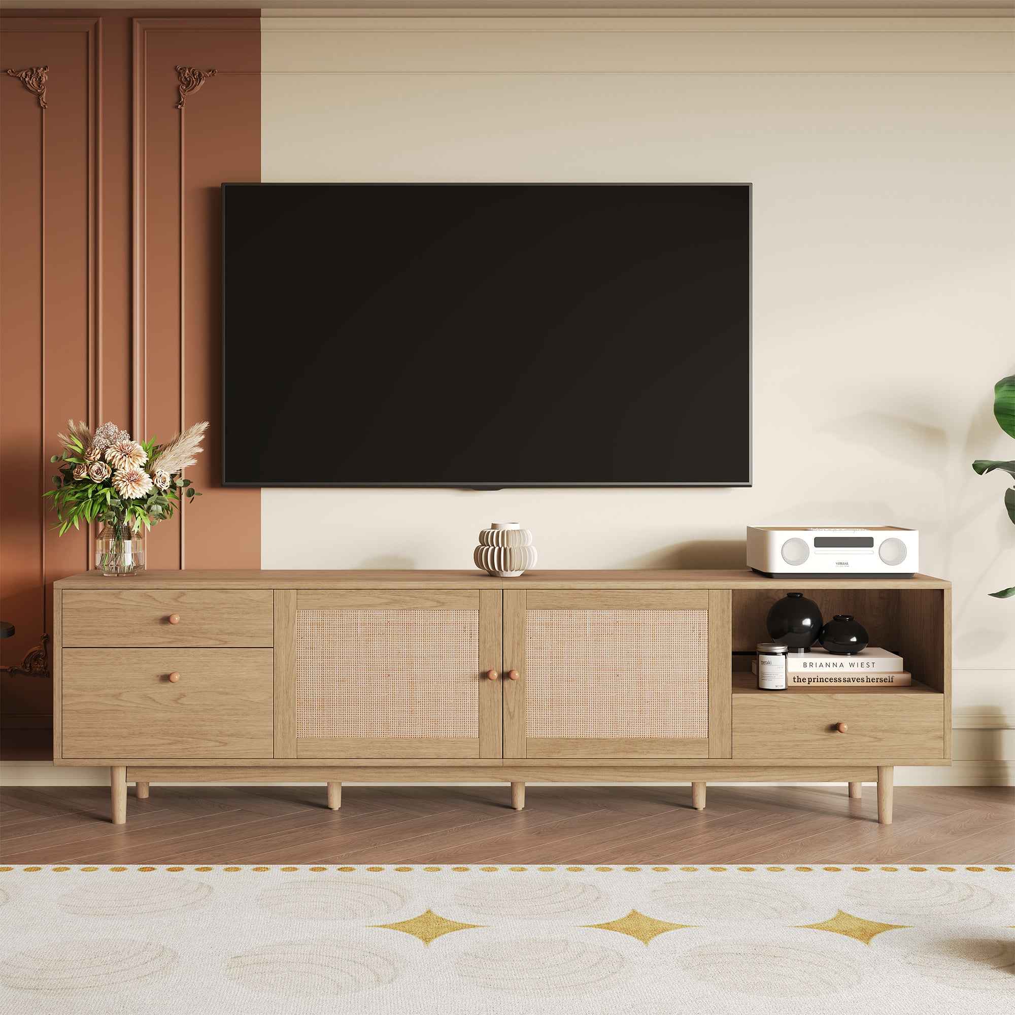 Boho TV Stand for 65 75 85 Inch TV with Real Rattan Doors, Modern Wood Media Console in Natural Finish, 76.6'' L x 15.7'' W x 23.6'' H