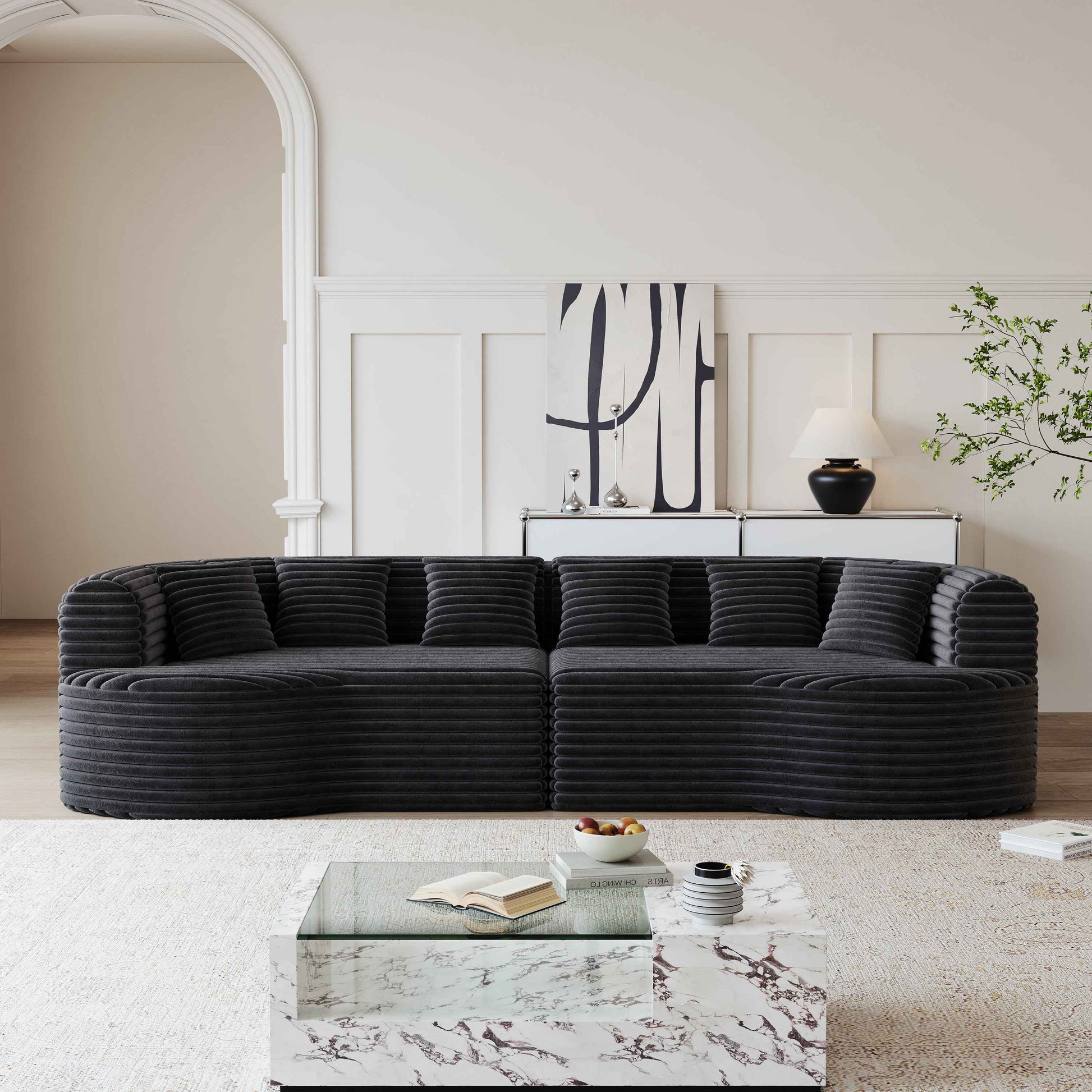 Curved Sectional Sofa, 106.3-inch Oversized Modern Bone-Free Cloud Sofa with 6 Pillows Luxury Corduroy Four-Seater Memory Foam Sofa with Deep Seat Design,black