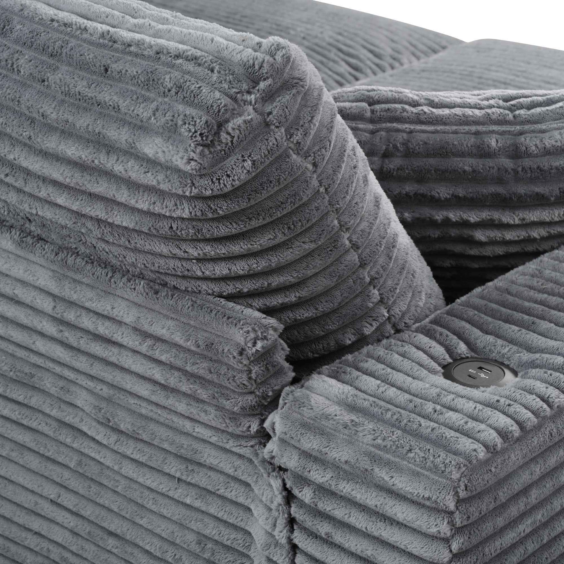 Oversized Loveseat Chaise Lounge Sectional Sofa Bed with USB Ports, Cup Holders, Throw Pillows, Dark Gray Corduroy, 86.5'