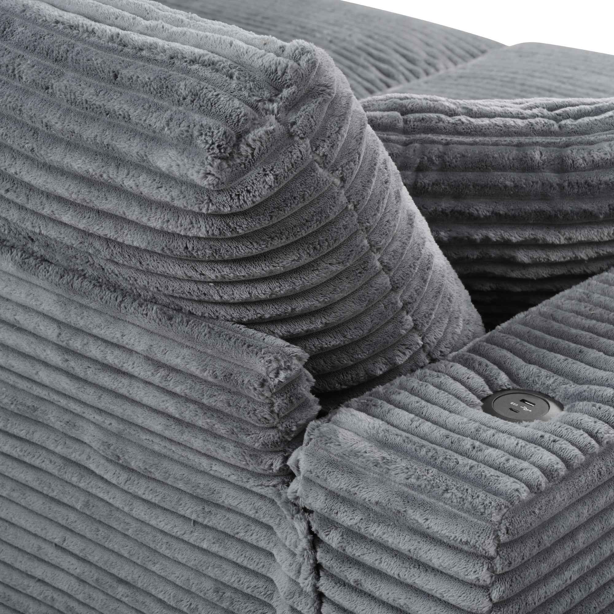 Oversized Loveseat Chaise Lounge Sectional Sofa Bed with USB Ports, Cup Holders, Throw Pillows, Dark Gray Corduroy, 86.5'