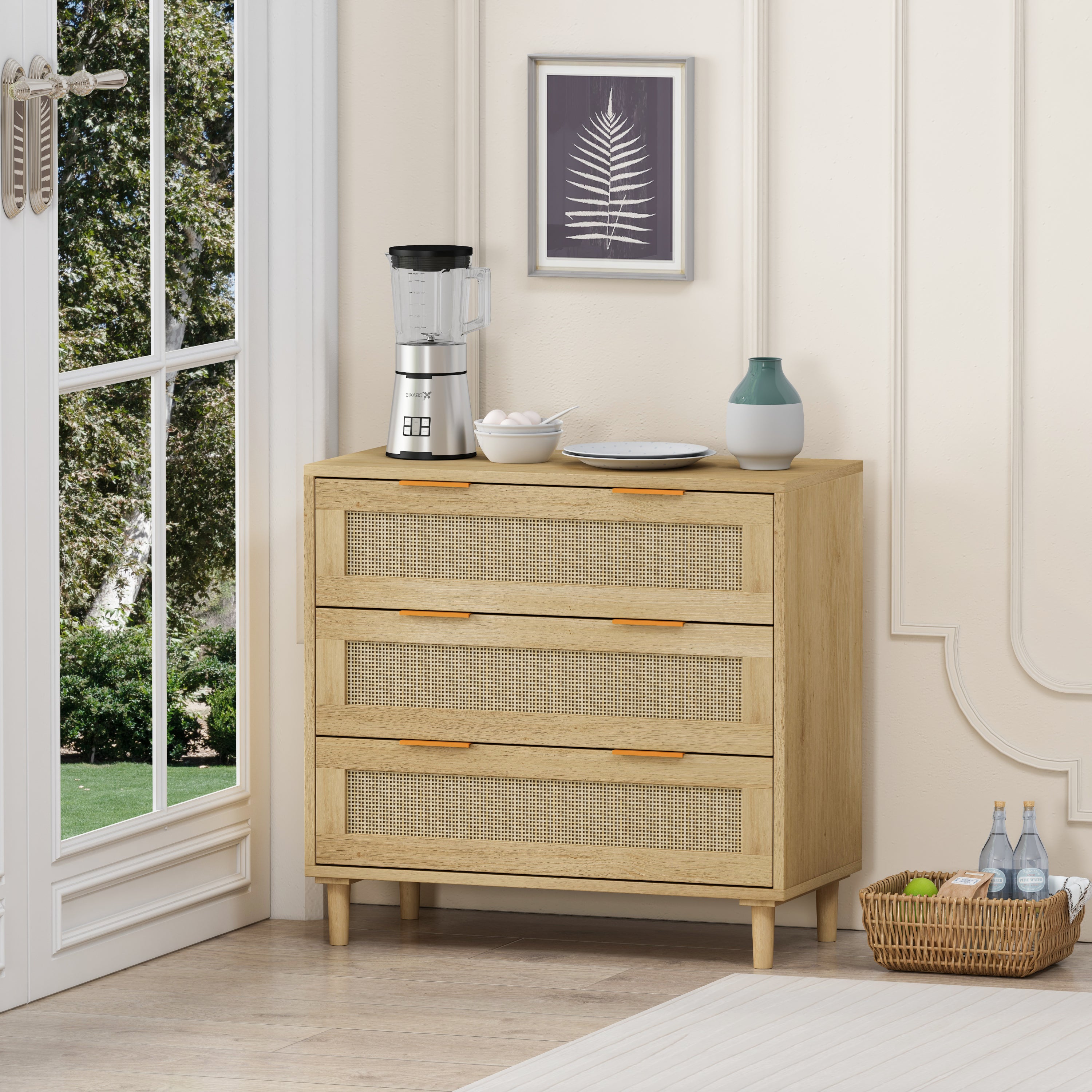 31.50'3-Drawers Rattan Storage Cabinet Rattan Drawer,for Bedroom,Living Room,Dining Room,Hallways,Oak - Abrihome