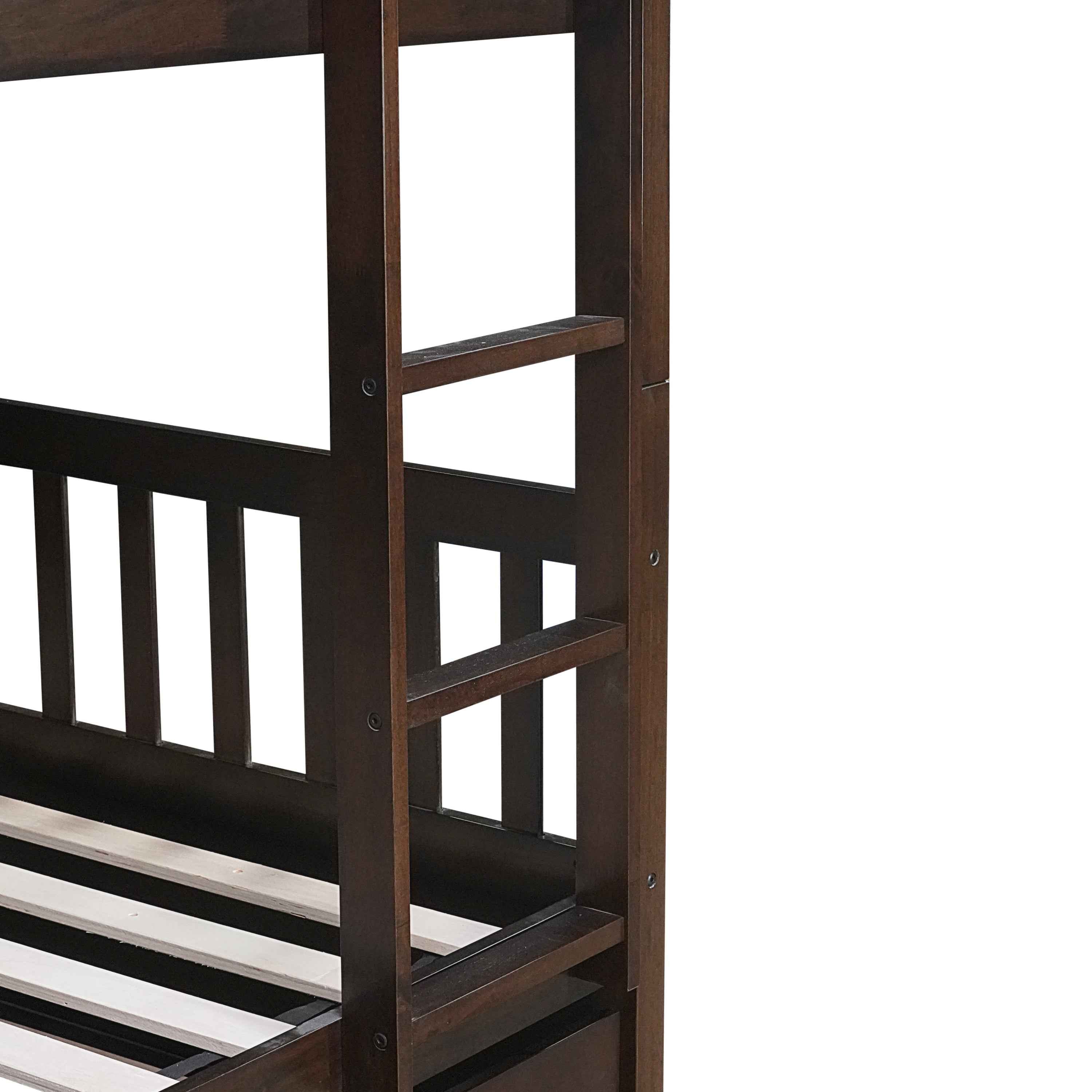 Full Over Full Rubber Wood Bunk Bed with Trundle, Ladder and Guardrails, Convertible to 2 Full Size Beds, with Twin Size Trundle ,Espresso