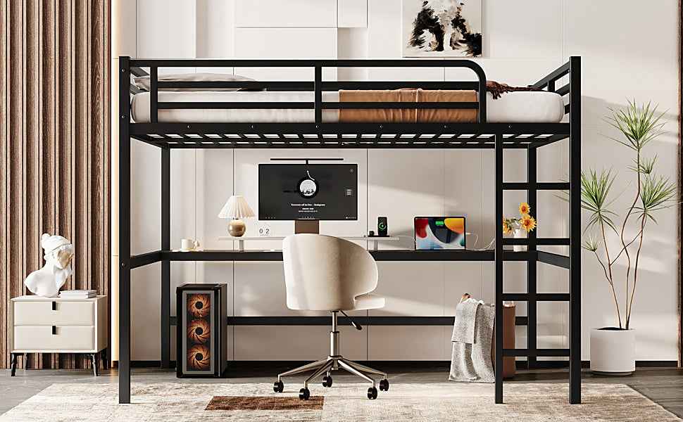 Metal Queen Size Loft Bed with Power Outlet and LED Lighted, Space-Saving, Noise Reduced, Black