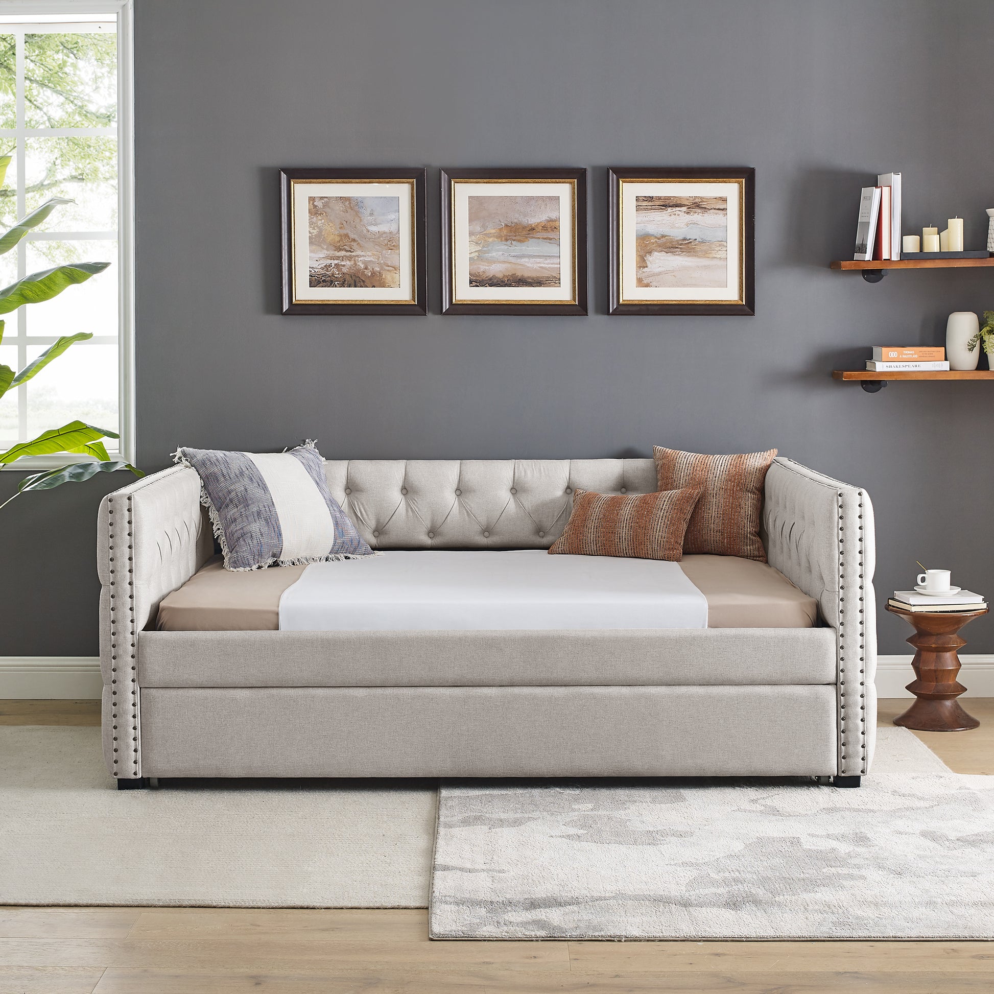 Daybed with Trundle Upholstered Tufted Sofa Bed, with Button and Copper Nail on Square Arms,Full Daybed & Twin Trundle, Beige(85"x57"x31.5") - Abrihome