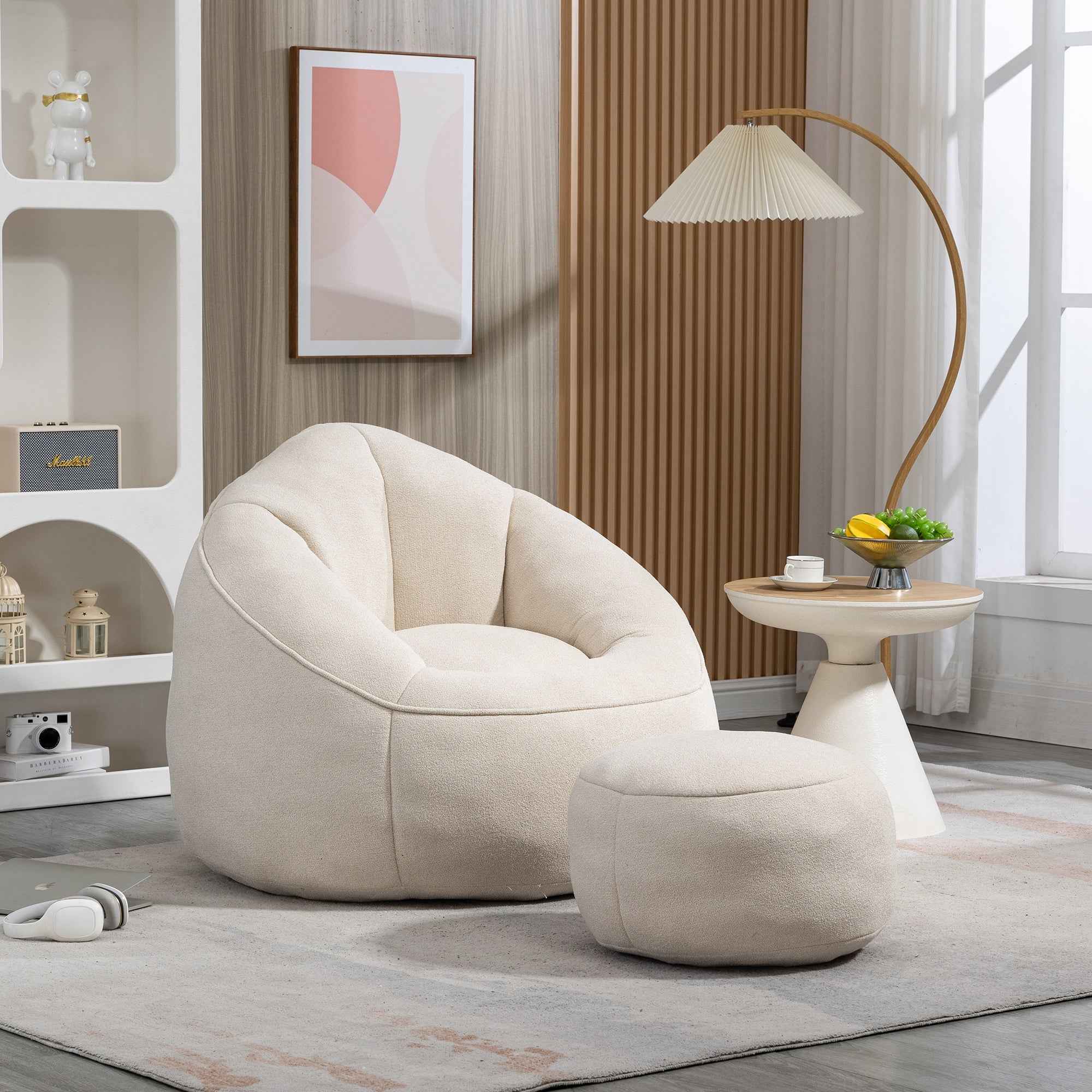 Bedding Bean Bag Sofa Chair with High-Pressure Foam and Footrest, Beige Microfiber