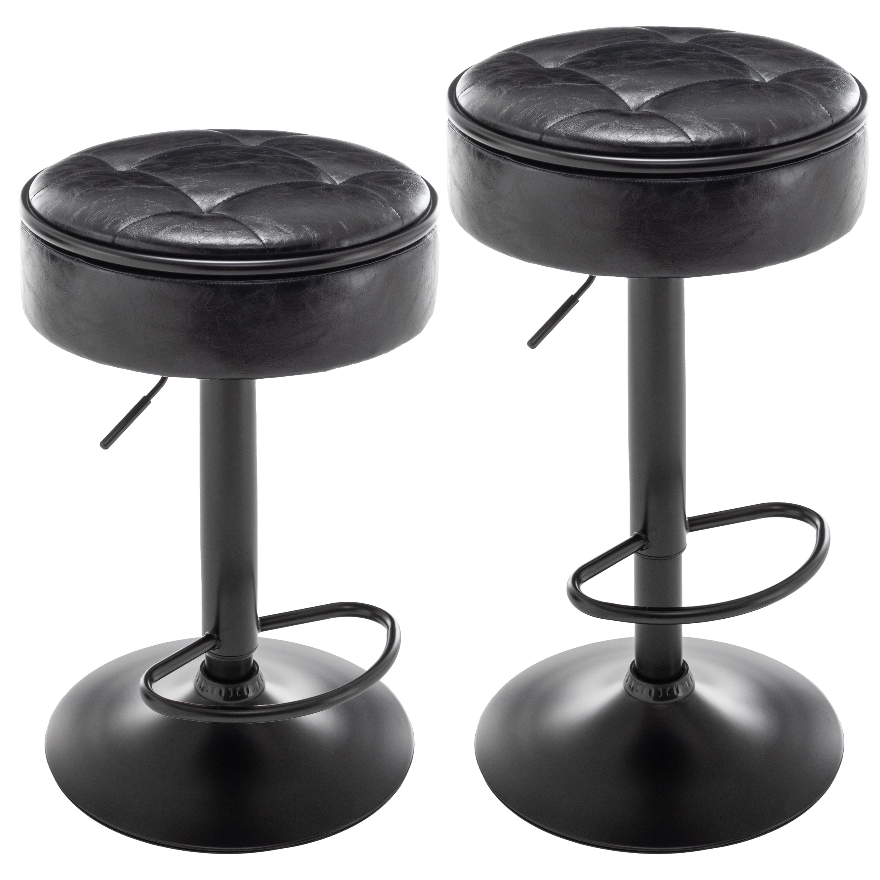 Round Storage Bar Stool Set of 2, Black Faux Leather Height Adjustable Barstool, 360°Counter Height Swivel Stool, Armless Bar Chair with Metal Frame for Kitchen Counter Dining Living Room