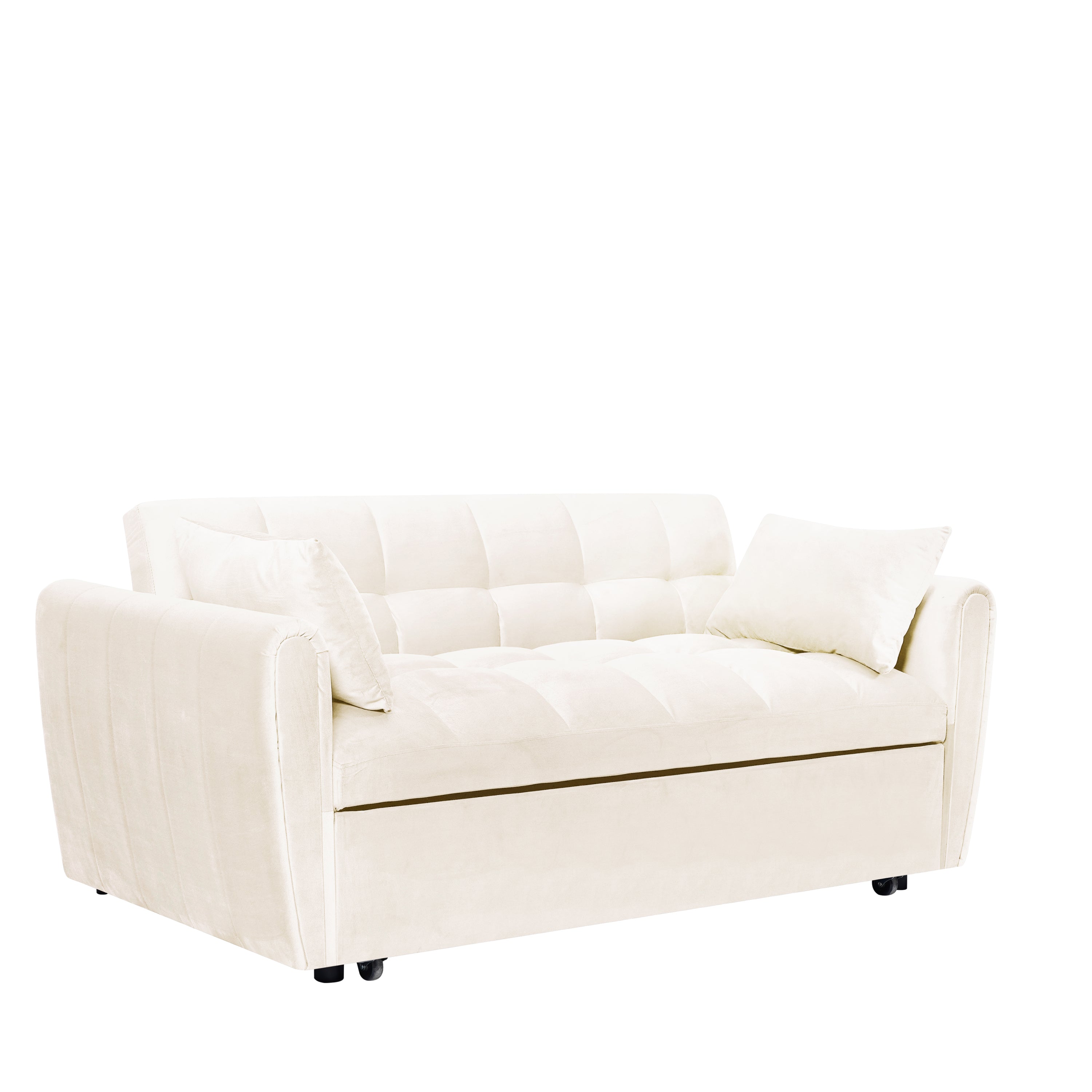 65'3-in-1 foldable large size sofa bed, modern velvet double sofa, sofa bed with adjustable back, storage bag and pillow, suitable for living room, bedroom (beige) - Abrihome