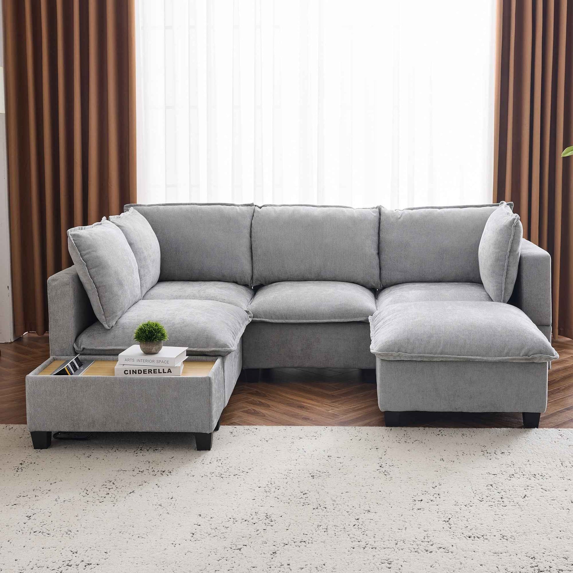 Modular 90' U-shaped Sectional Sofa with Movable Ottoman and Hidden Charging Coffee Table, Grey, Chenille