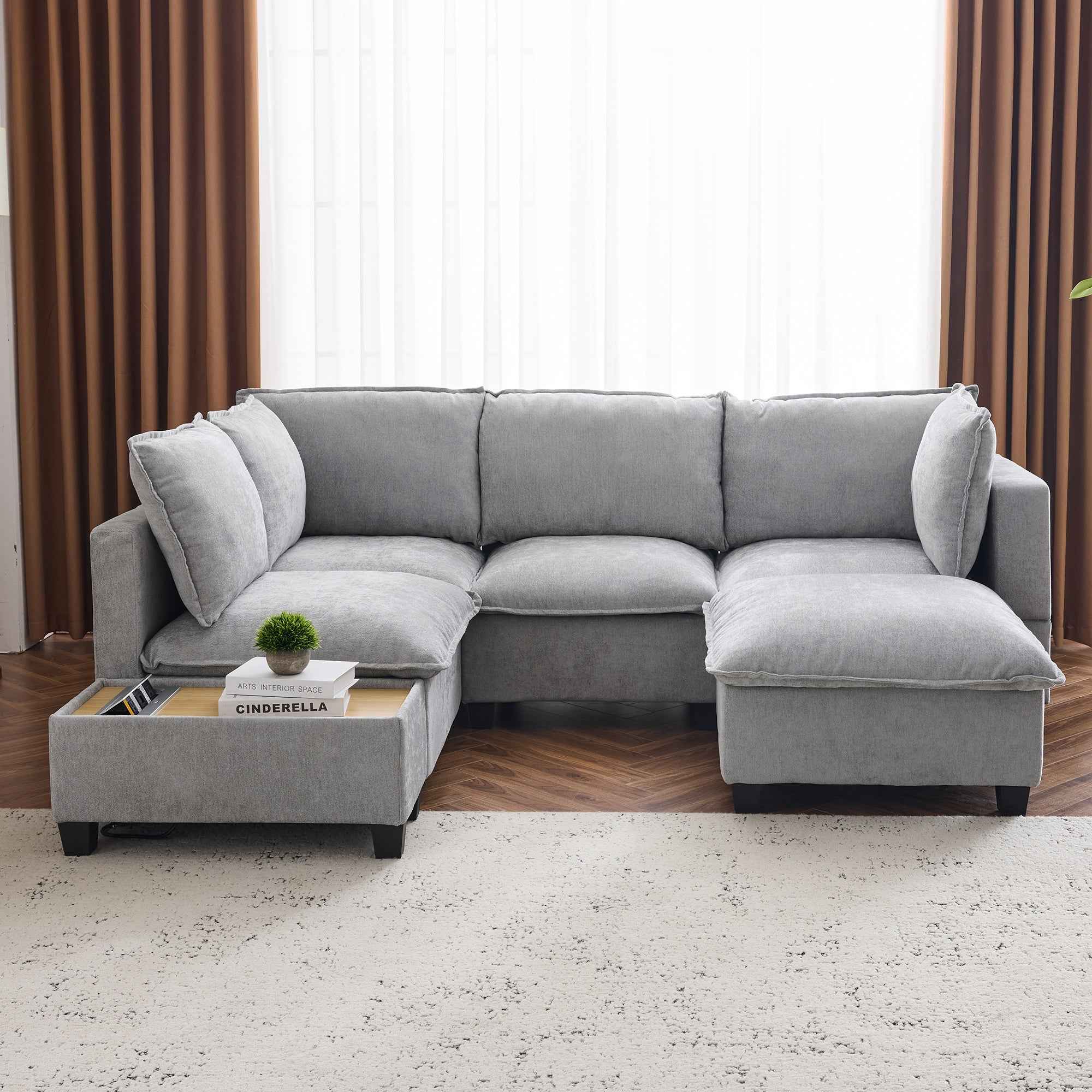 Modular 90' U-shaped Sectional Sofa with Movable Ottoman and Hidden Charging Coffee Table, Grey, Chenille
