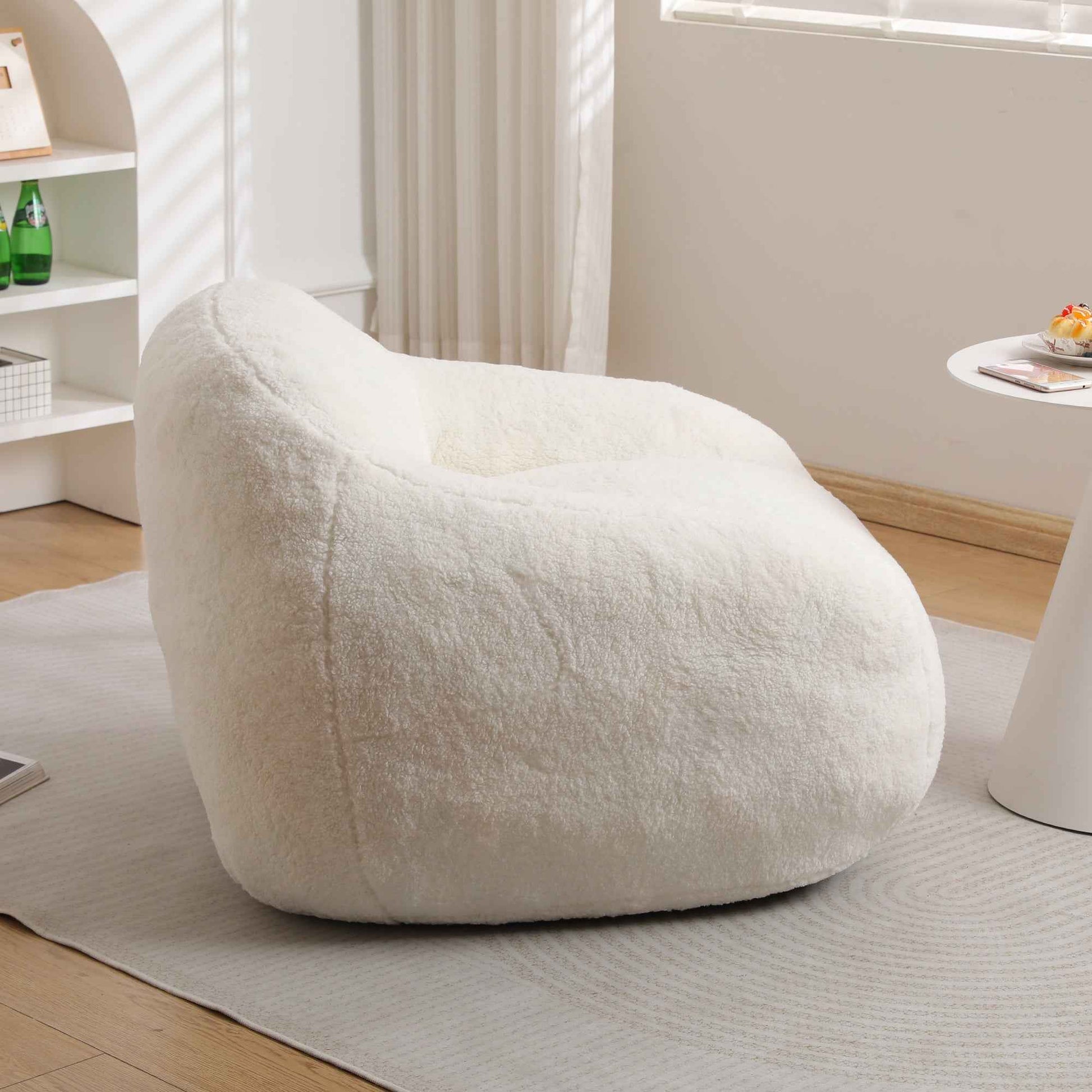 Giant Bean Bag Chair for Adults, Spacious Memory Foam Bean Bag Sofa with Armrests in Off White Teddy Fabric, Comfy Seating for Living Room or Bedroom