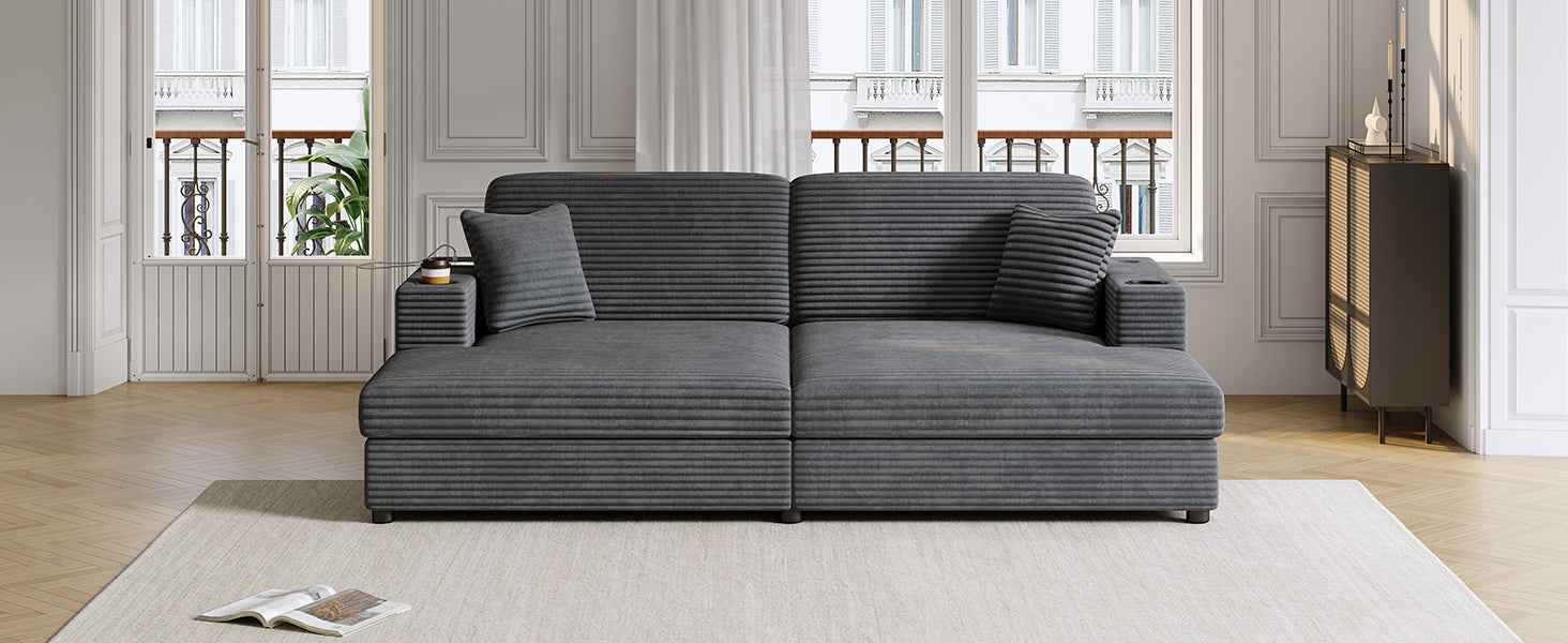 Oversized Loveseat Chaise Lounge Sectional Sofa Bed with USB Ports, Cup Holders, Throw Pillows, Dark Gray Corduroy, 86.5'