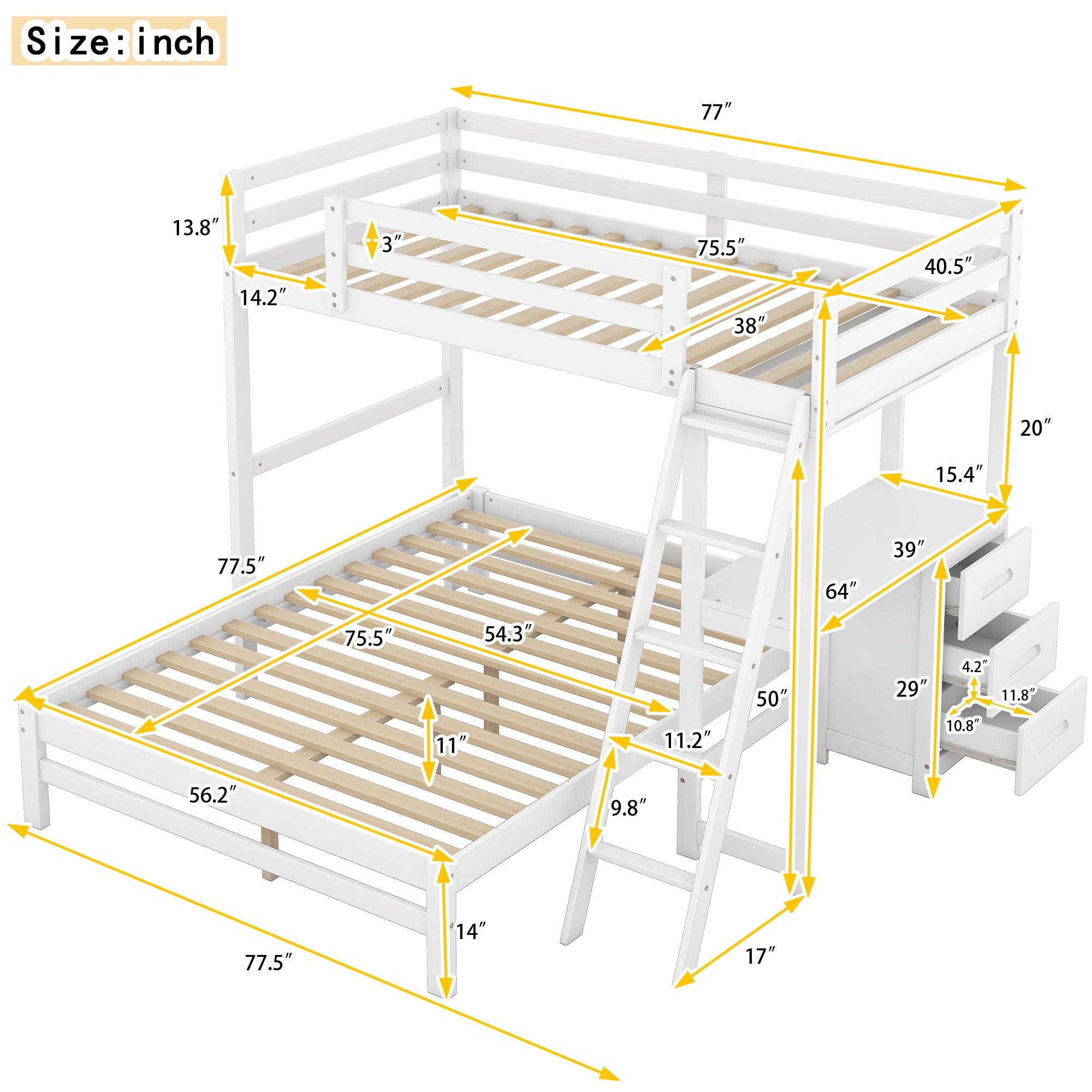 Twin over Full Bunk Bed with Built-in Desk and Three Drawers,White