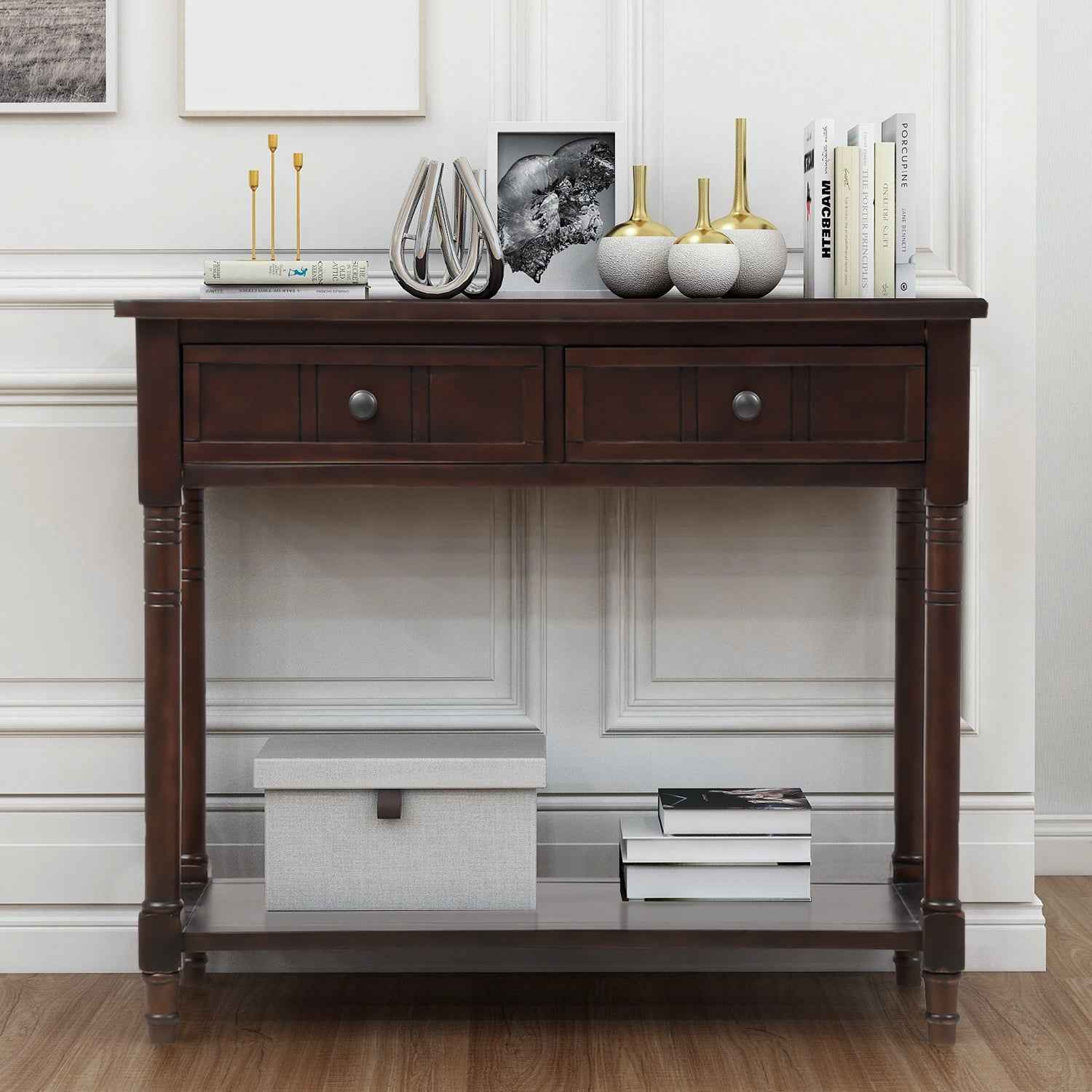 TREXM Daisy Series Console Table Traditional Design with Two Drawers and Bottom Shelf (Espresso)