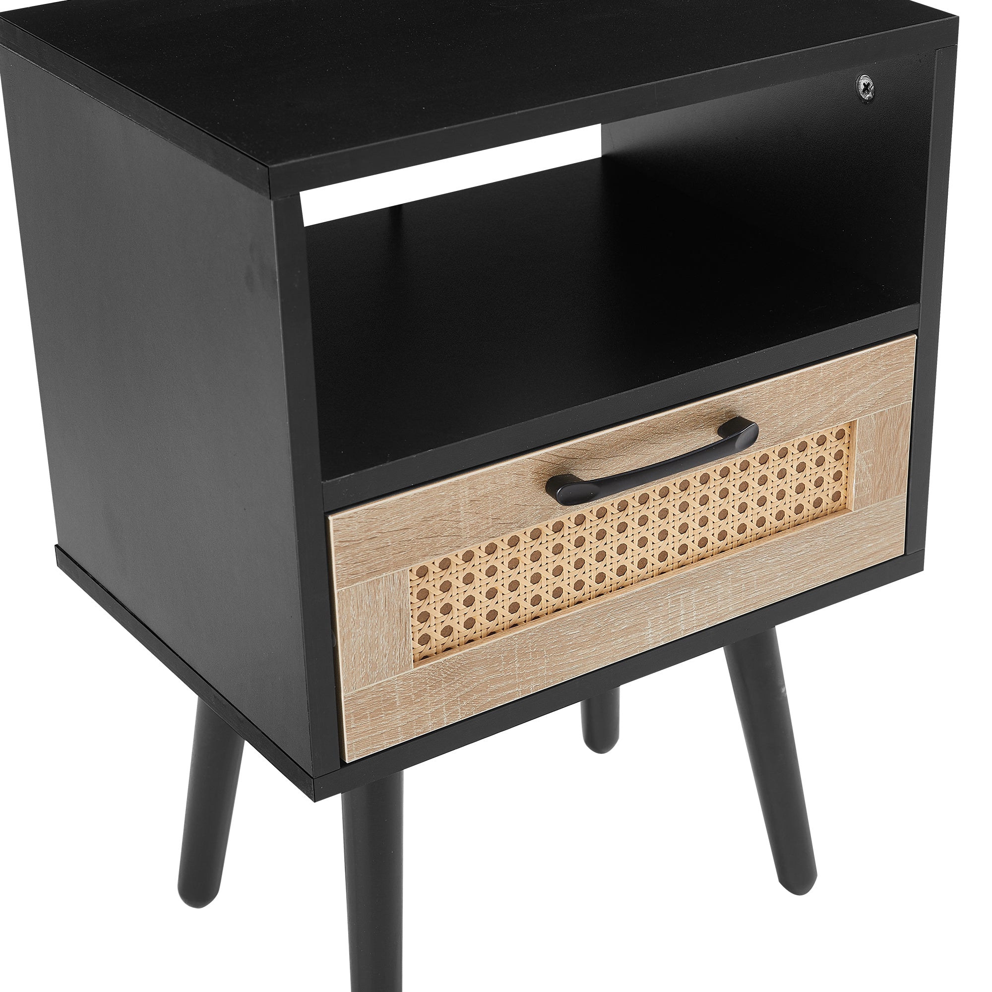 15.75" Rattan End table with  drawer and solid wood legs, Modern nightstand, side table for living room, bedroom, black