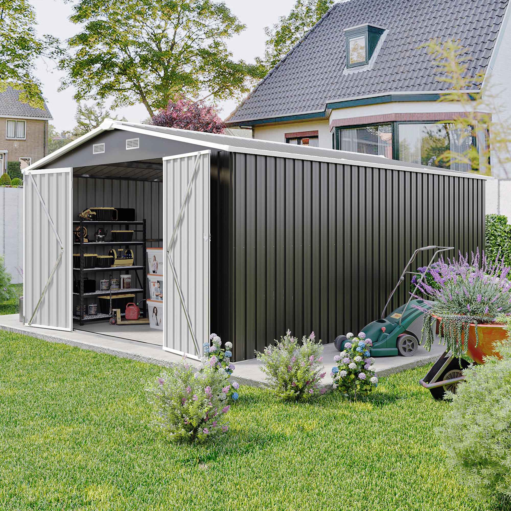 Campcraft  Outdoor Storage Shed 10×14 FT with 3 Lockable Doors,4 Air Vents & Sloped Roof,Utility Tool Shed Metal Storage Garden Sheds  Frame and 4 Vents,for Backyard,Patio,Lawn,dark Grey