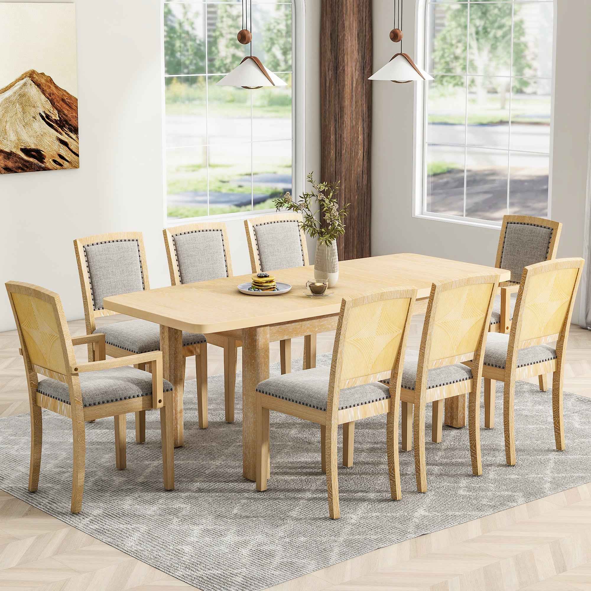 TOPMAX Rustic Extendable Dining Table Set with Removable Leaf, 6 Upholstered Armless Dining Chairs and 2 Padded Arm Chairs, Natural