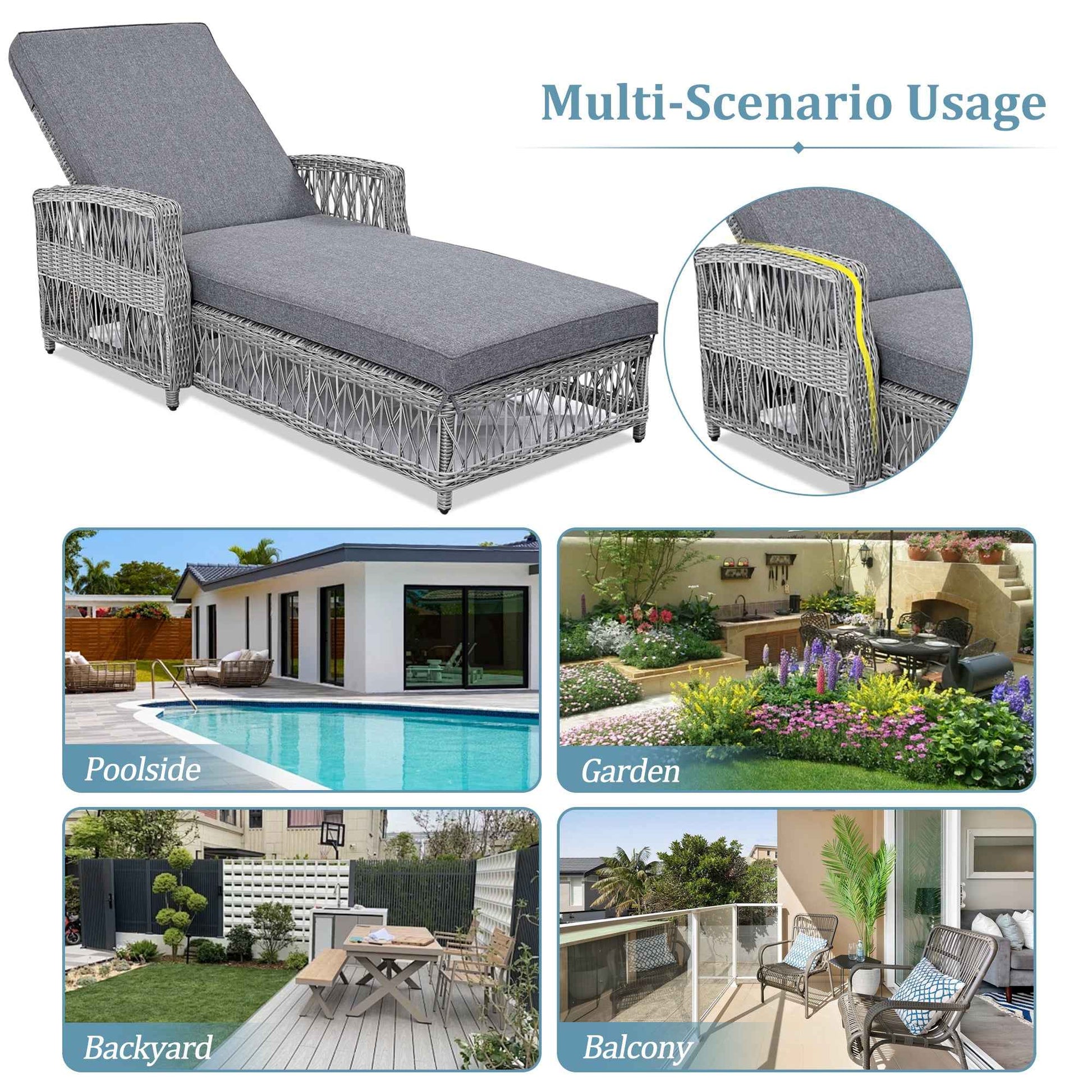 GO Outdoor Long Reclining Chaise, Wicker Lounge with Armrests, Patio Adjustable Recliner with Soft Removable Cushions, All Weather Rattan Pool Lounge for Poolside & Garden, Gray