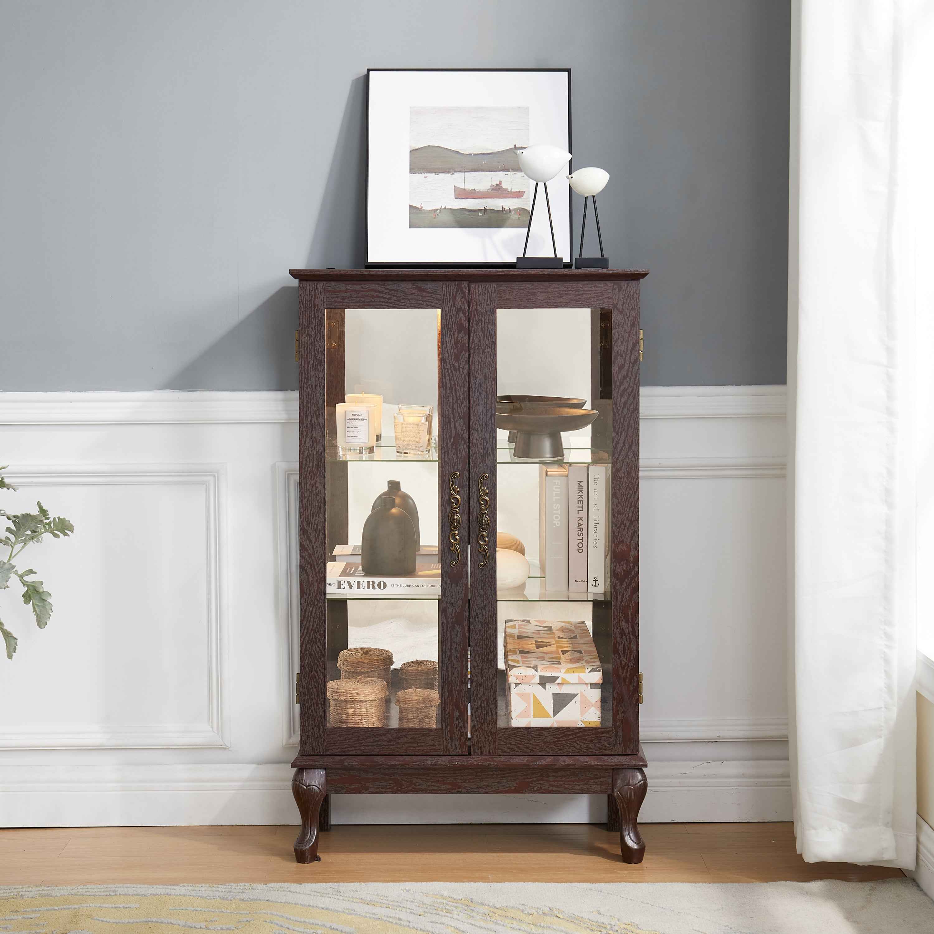 2 Doors Curio Cabinet with Tempered Glass Doors, Curio Cabinets with Mirrored Back Panel and Adjustable Shelves, Lighted Display Cabinet for Home, Office Light Bulb Included Cherry