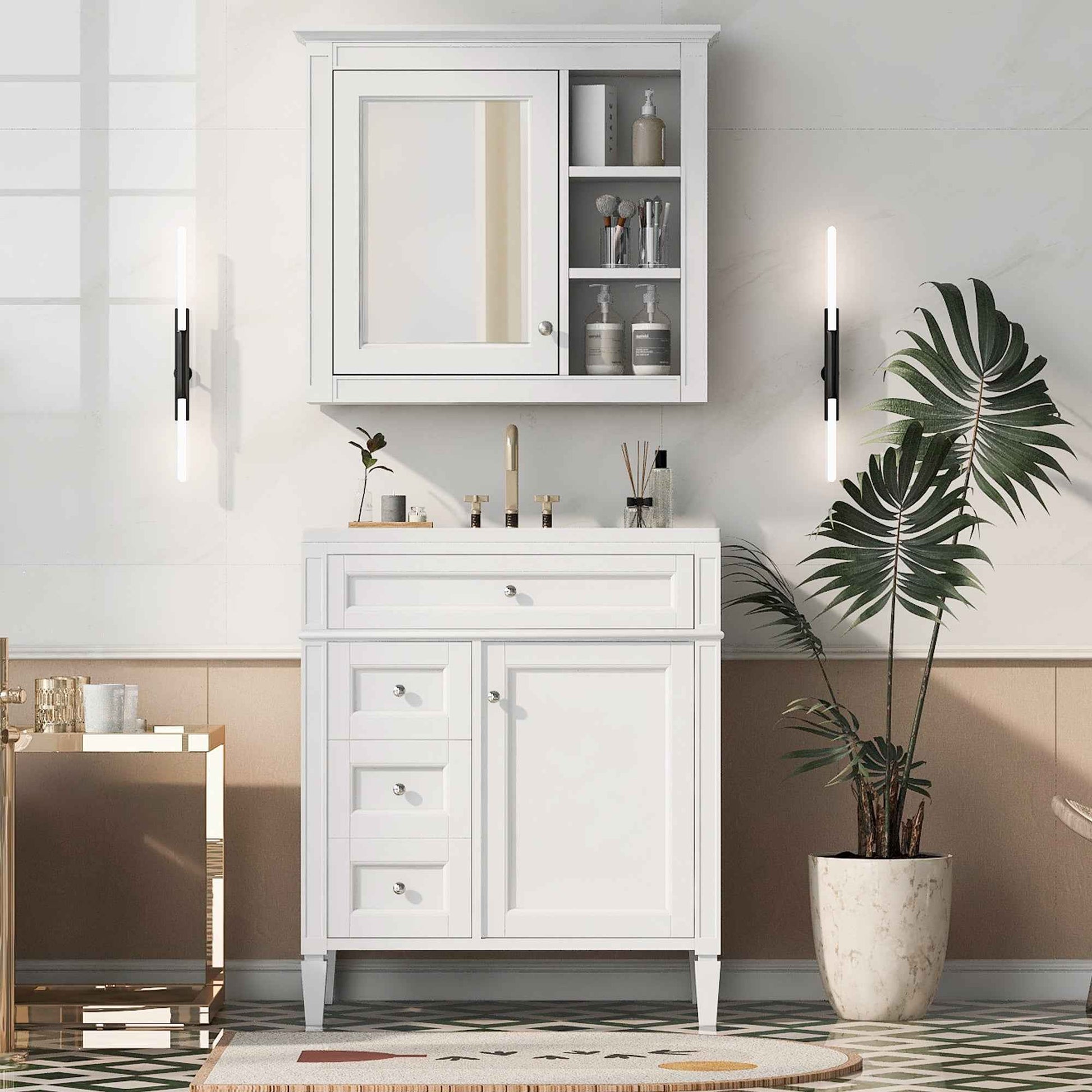 Modern 30'' Bathroom Vanity with Top Sink, White Freestanding Storage Cabinet with 2 Drawers and Tip-out Drawer, Mirror Cabinet Combo, Solid Wood + MDF Frame, Ceramic Undermount Sink